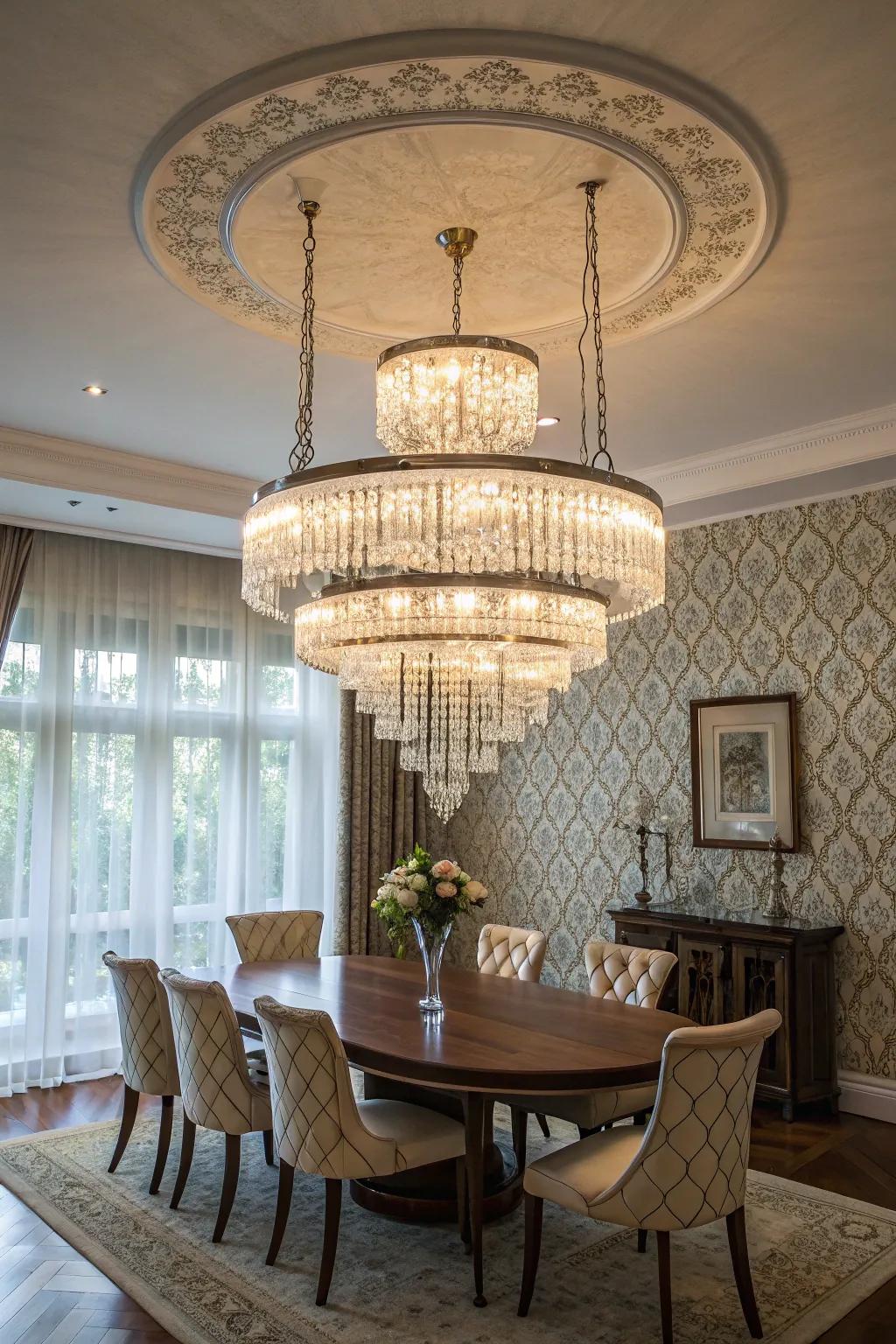 A tiered chandelier adds drama to a dining room.