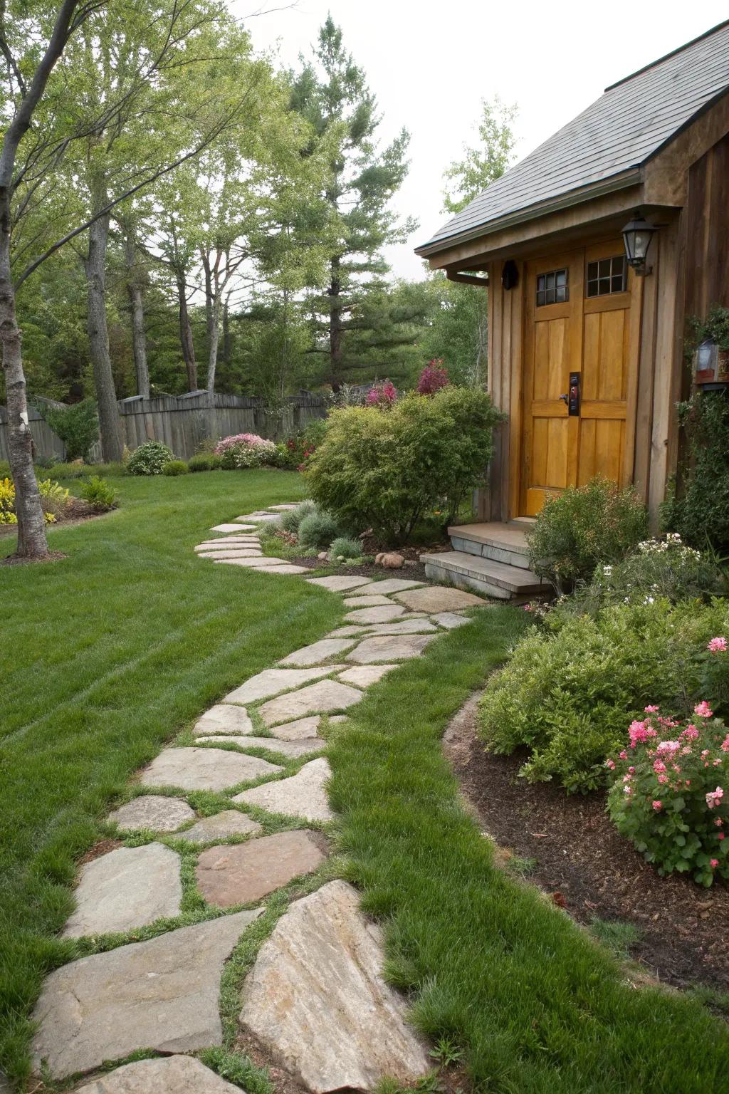 A natural stone pathway enhancing the yard's rustic charm.