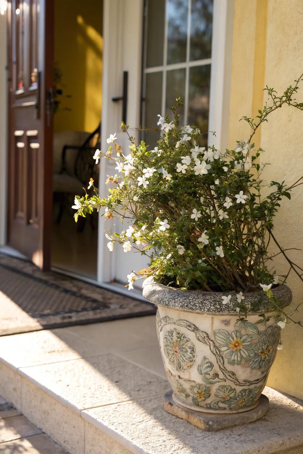 Winter jasmine offering a fragrant welcome in full sun.