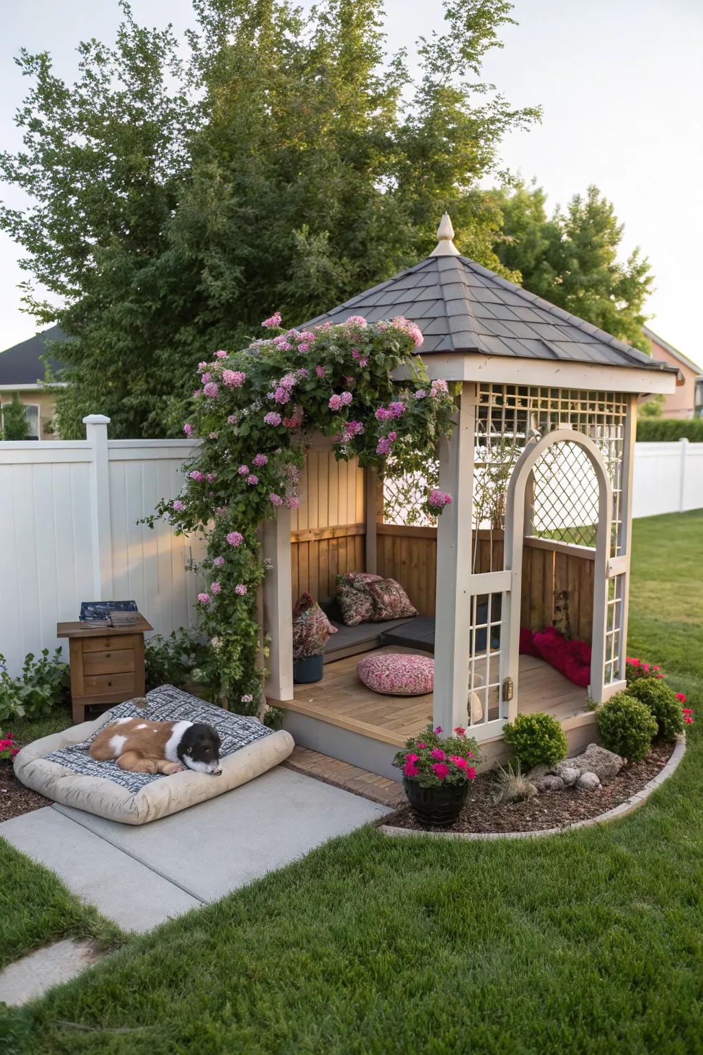 A cute gazebo that offers a cozy place to relax in the garden.