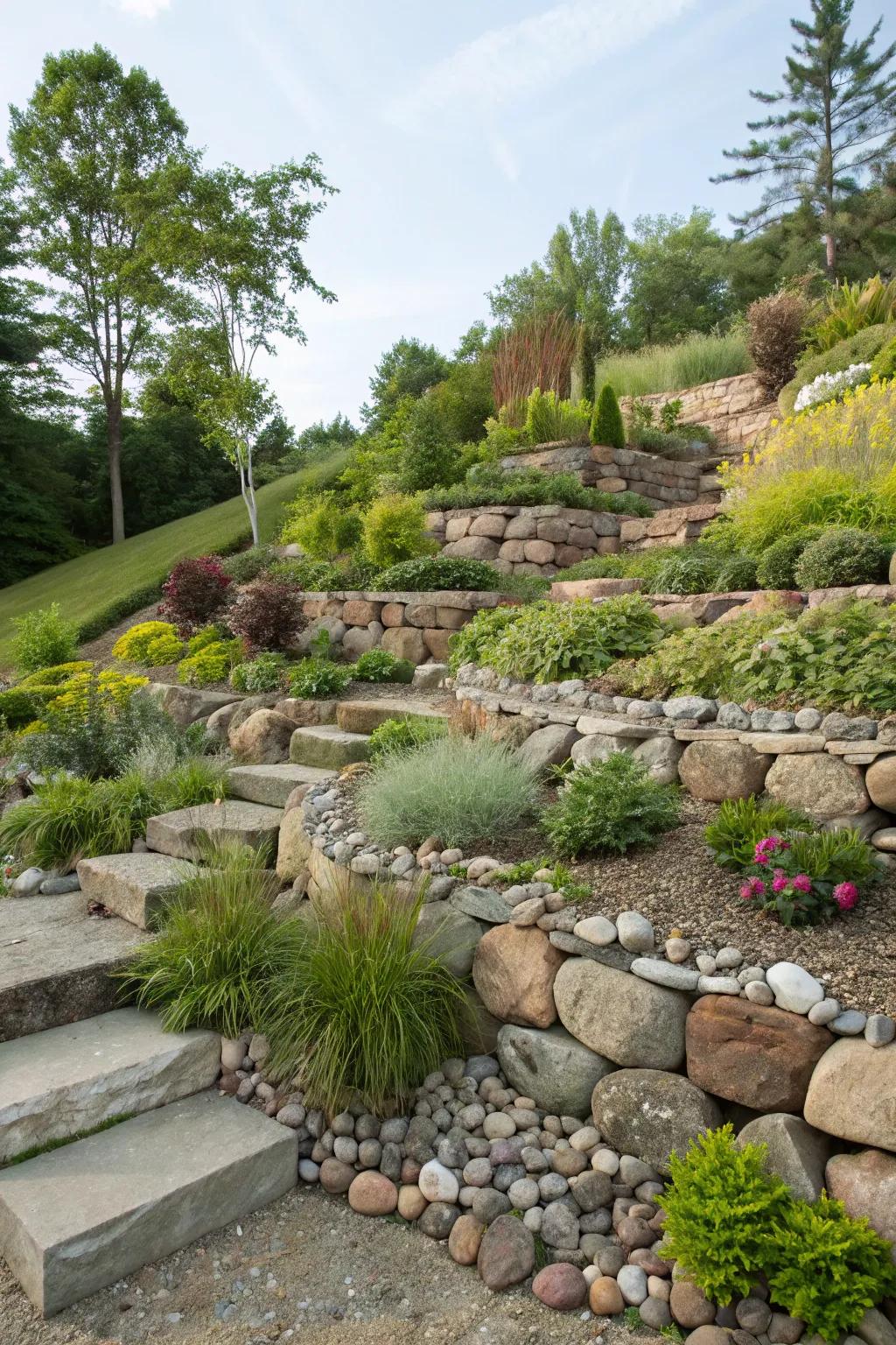 Add visual drama to your garden with terraced pebble stone levels.