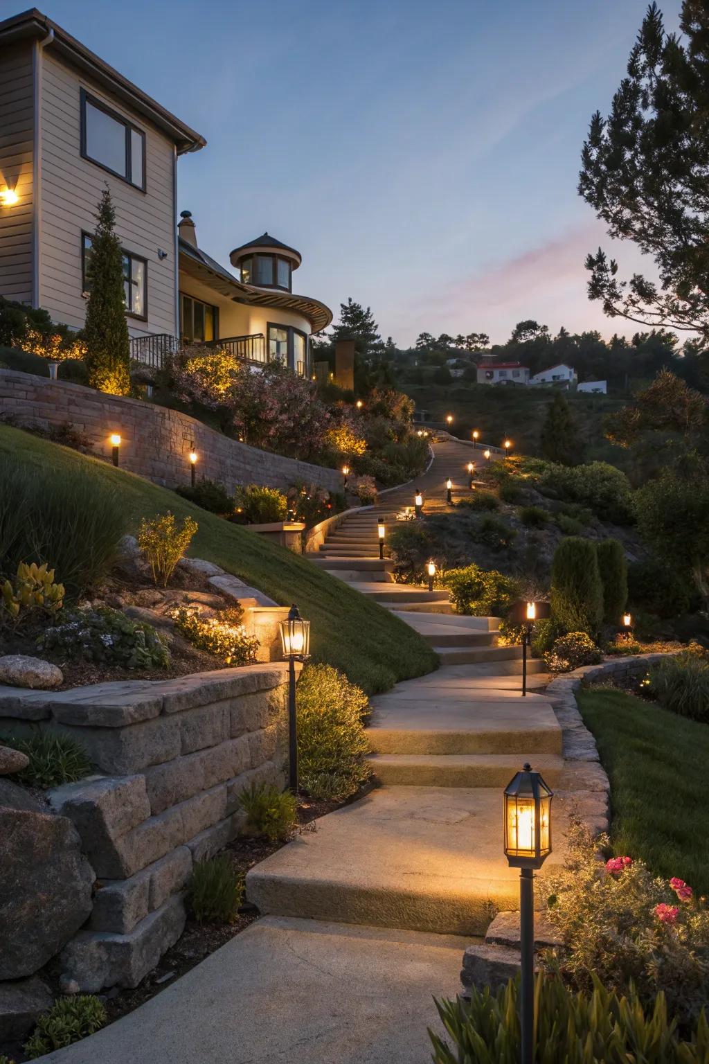 Solar lighting enhances safety and ambiance on sloped yards.