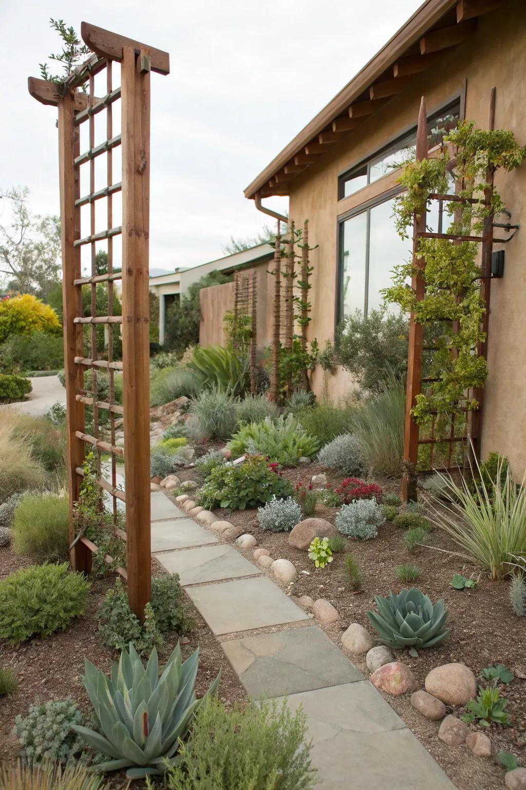 Vertical elements add depth and structure to a xeriscape.
