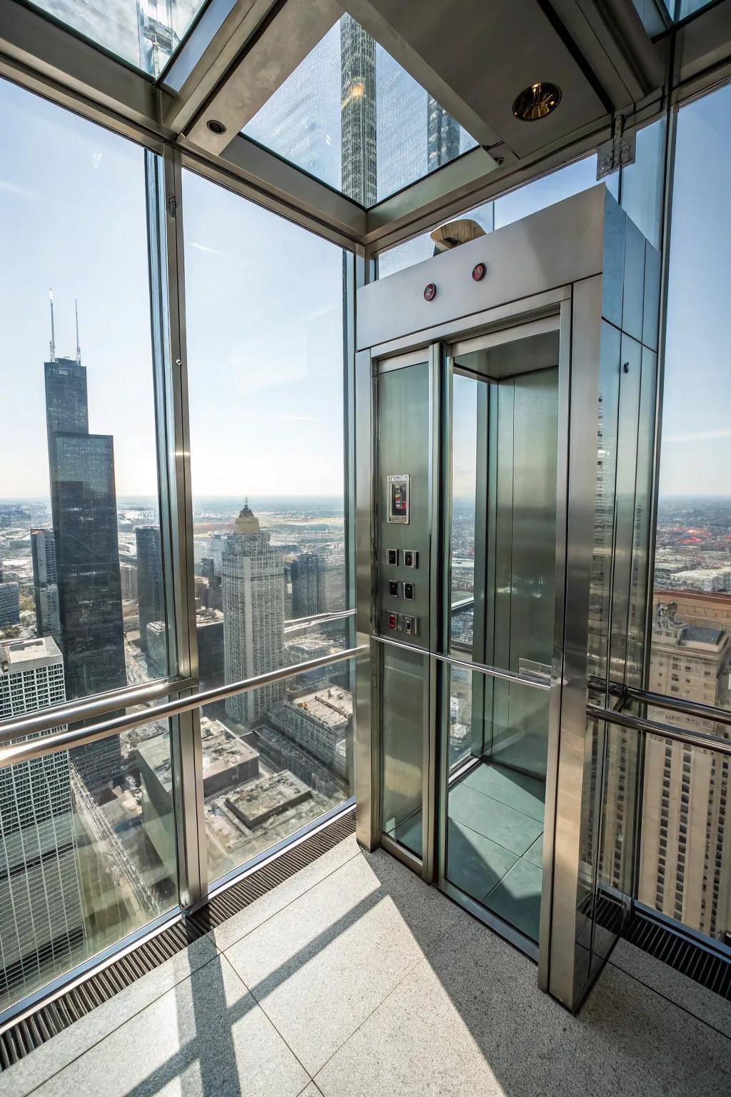 Glass elevators provide breathtaking views and a contemporary aesthetic.