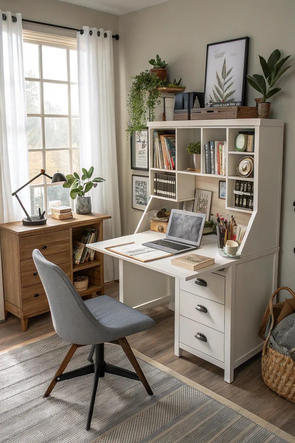 A versatile home office showcasing a multi-purpose desk.