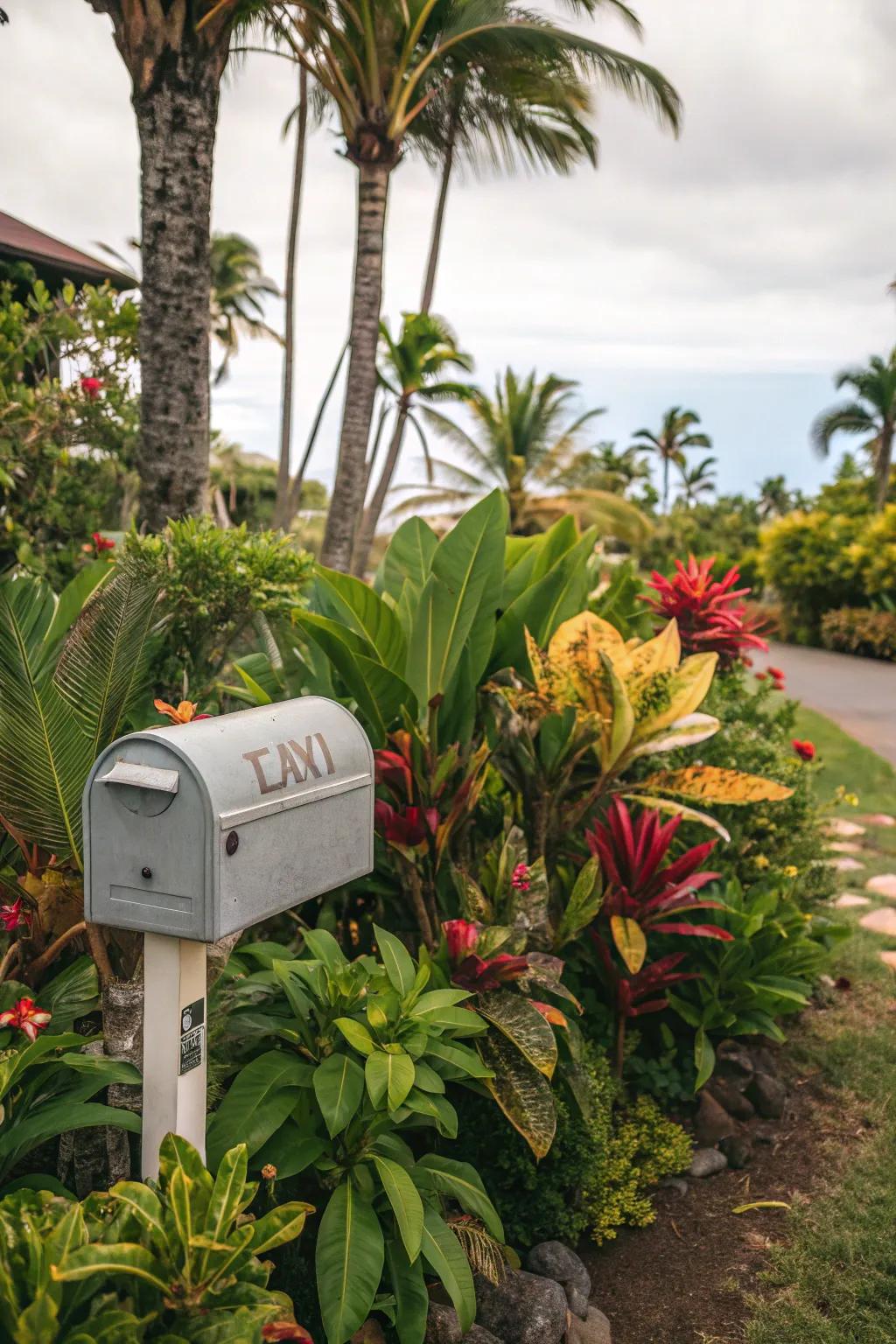 Tropical plants deliver an exotic charm and bold statement to your mailbox area.