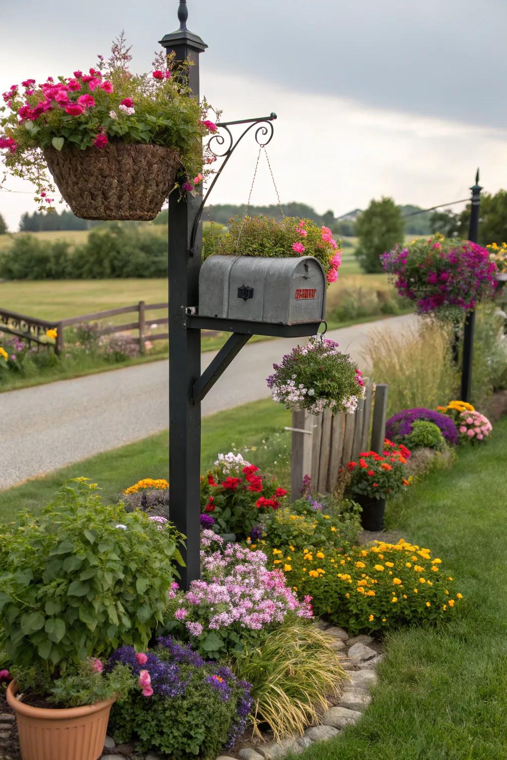 Beautify your mailbox with vibrant pots and hanging baskets.