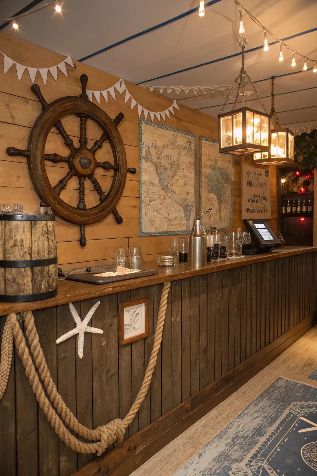 Set sail with a nautical bar adventure inside your man cave.