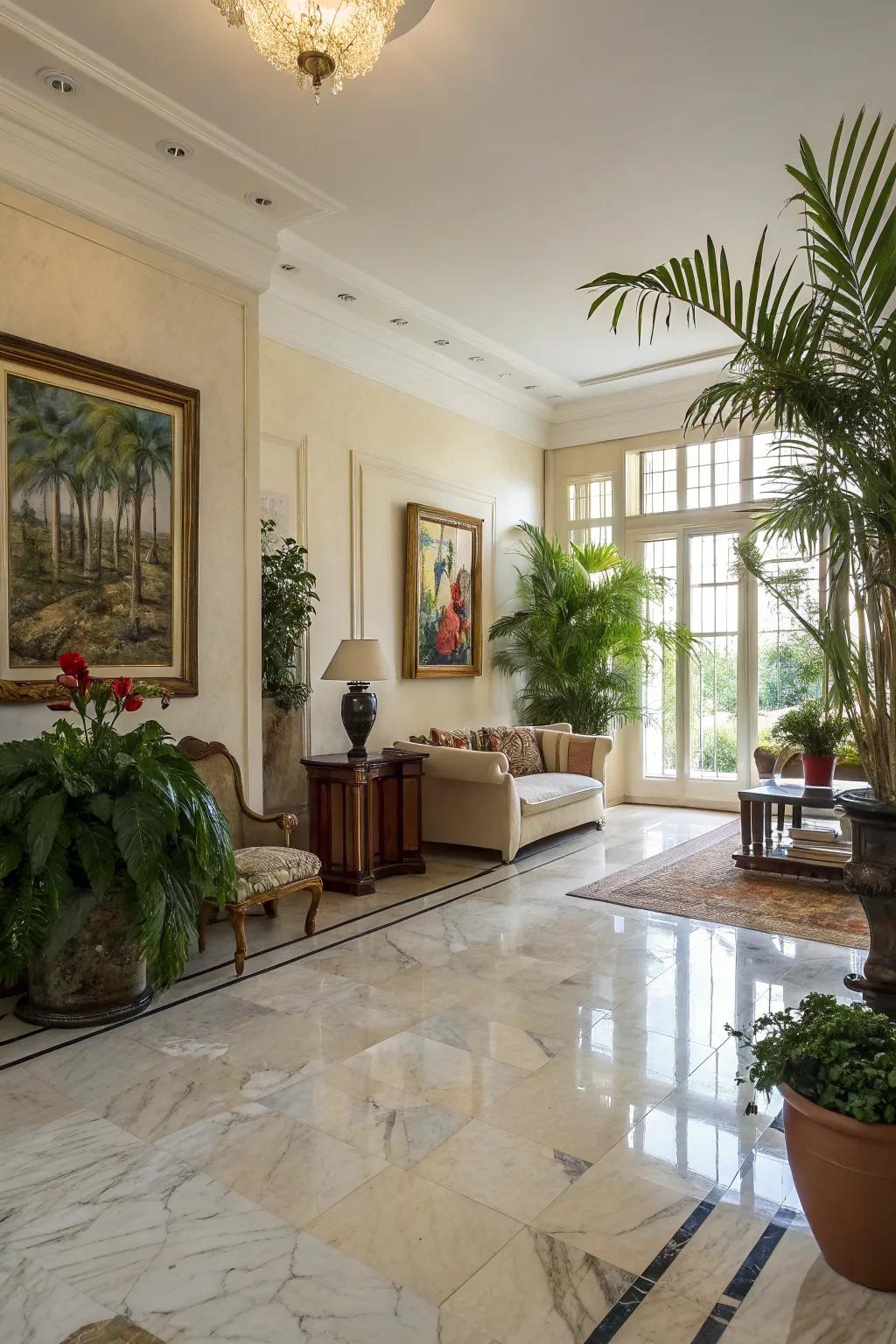 Decorative accent pieces enhance stone flooring's charm.