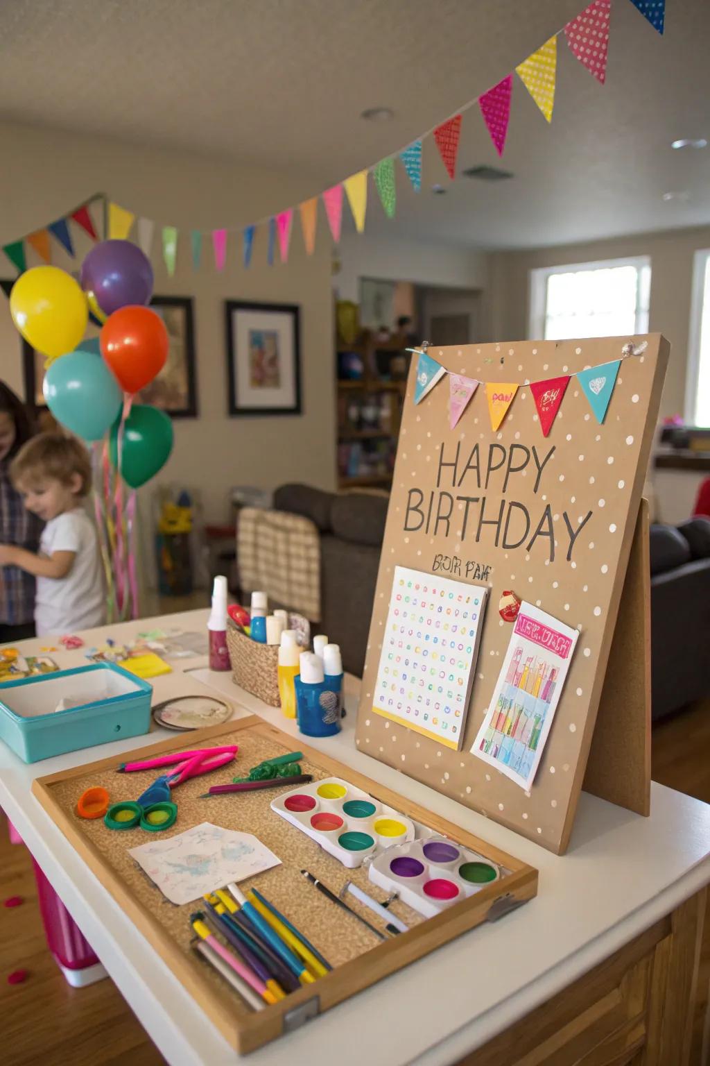 A DIY craft station encourages guests to personalize the birthday board.