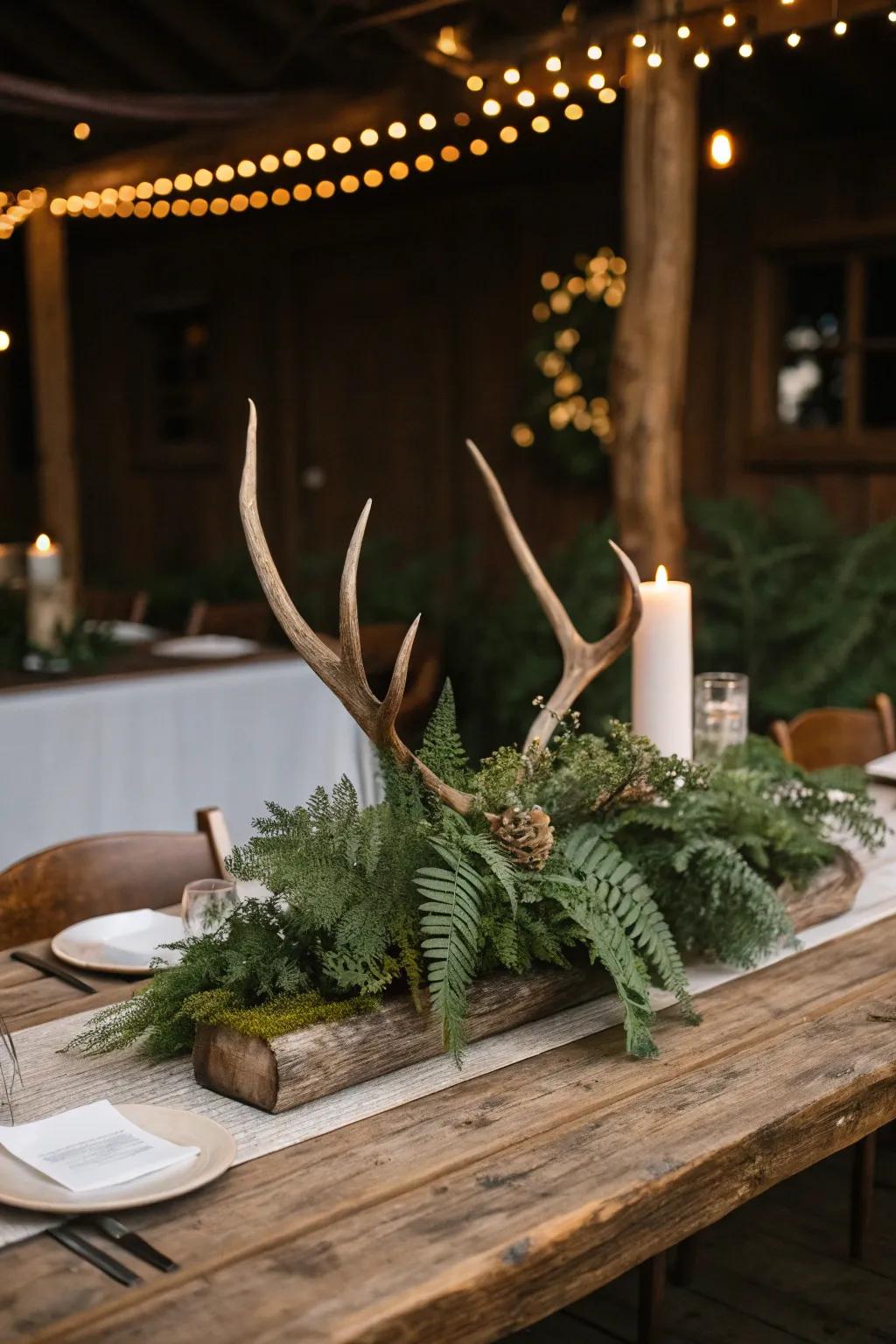 Antlers and plants make a tough and stylish central attraction.