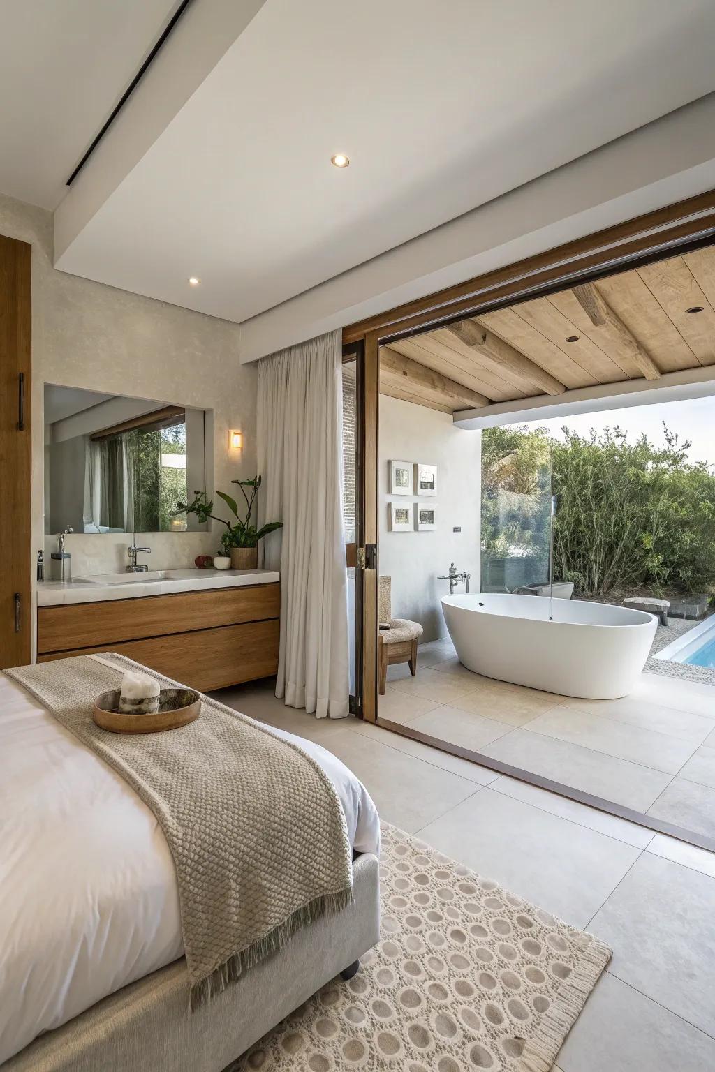 Seamless bedroom and bathroom creating a fluid and unified space.