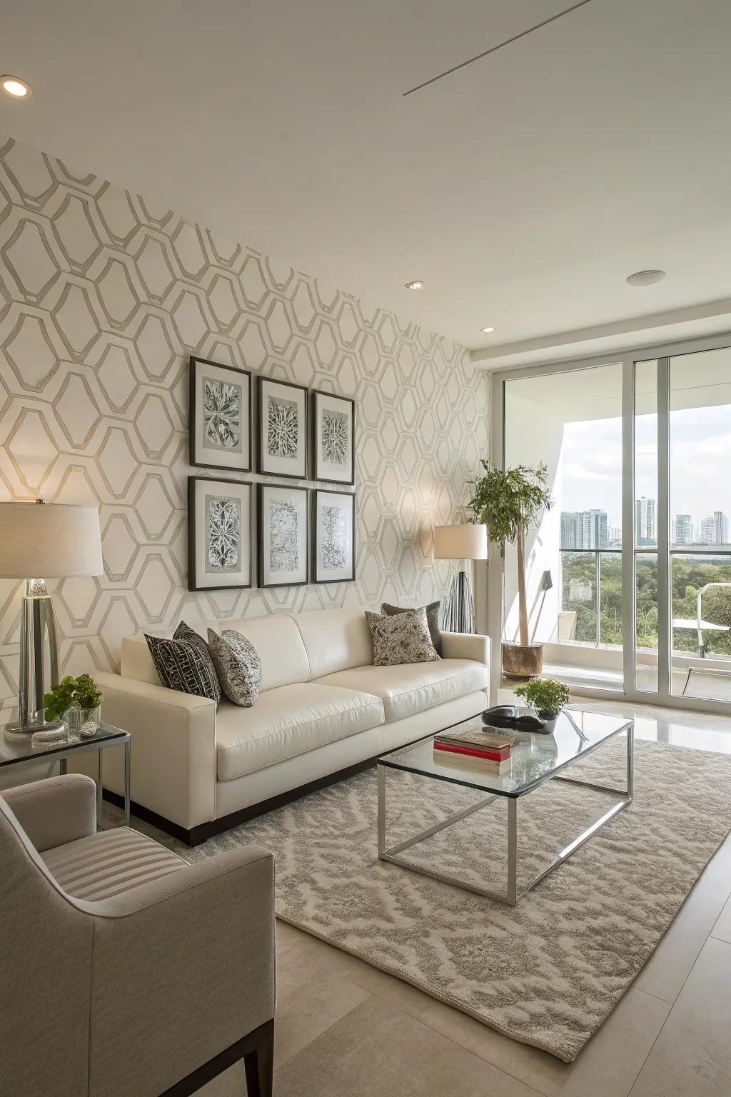 Minimalist wallpaper introduces modern refinement to a living space.