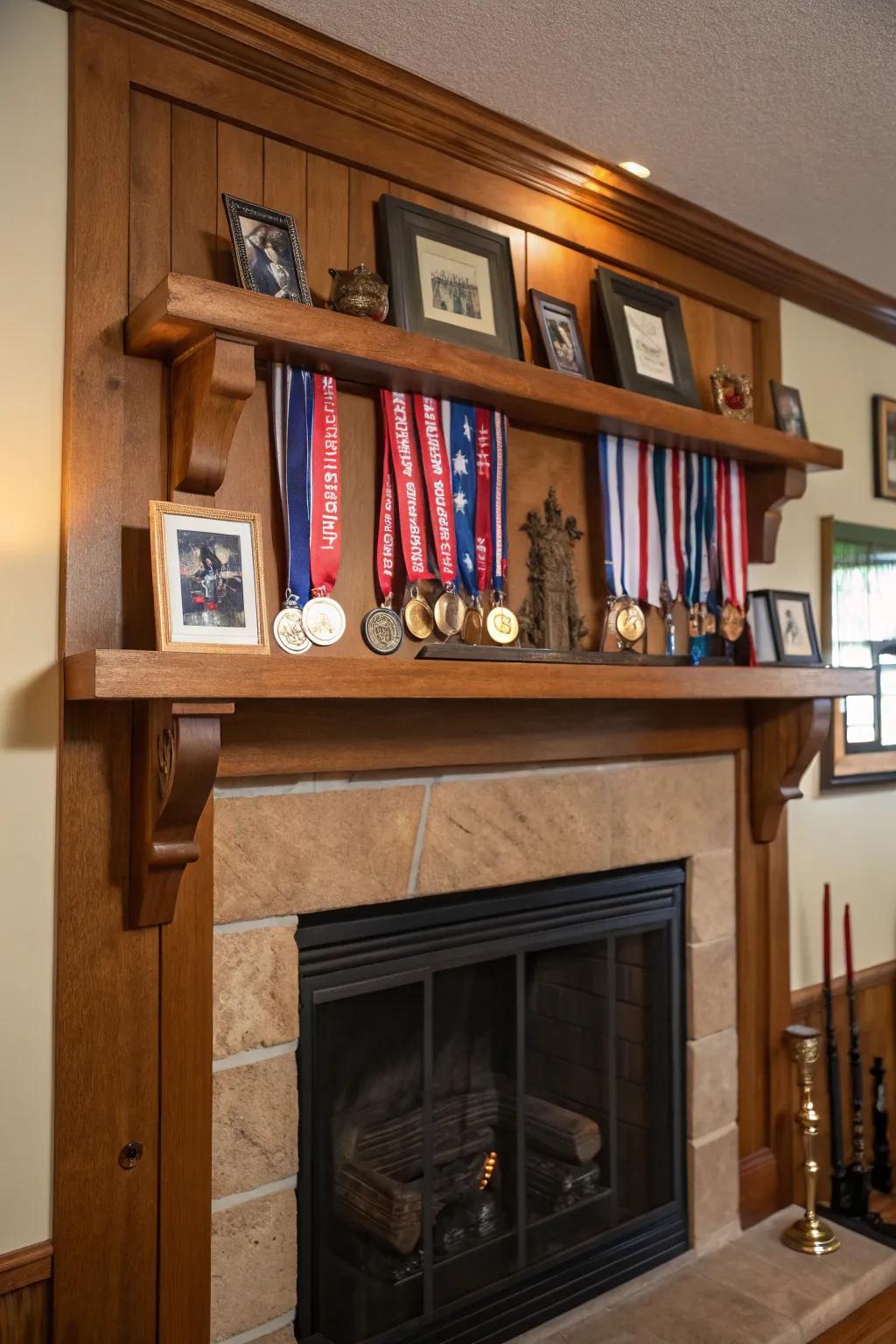 Transform a fireplace into a creative medal display.