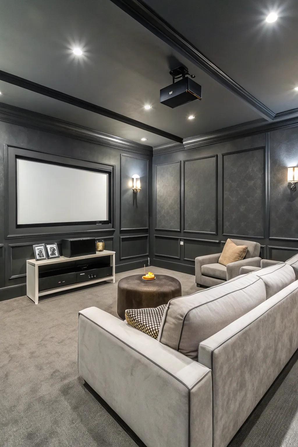 A stylish media room featuring graphite walls, showing modern sophistication.