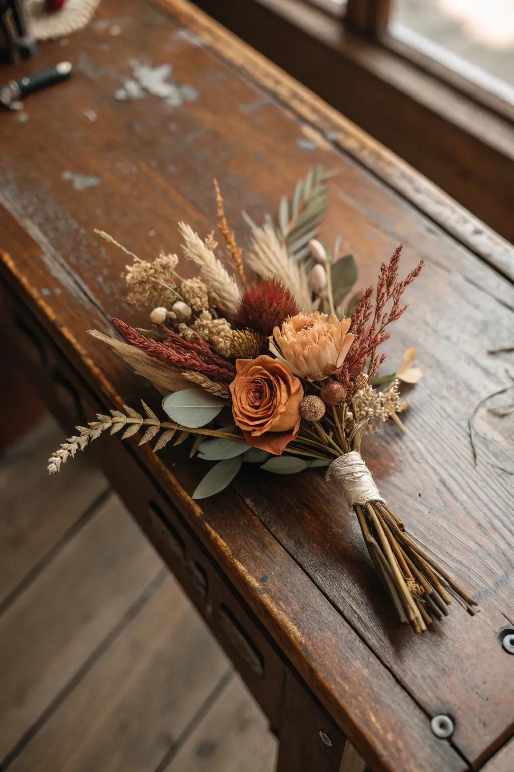 Preserved florals create a vintage-inspired boutonniere.