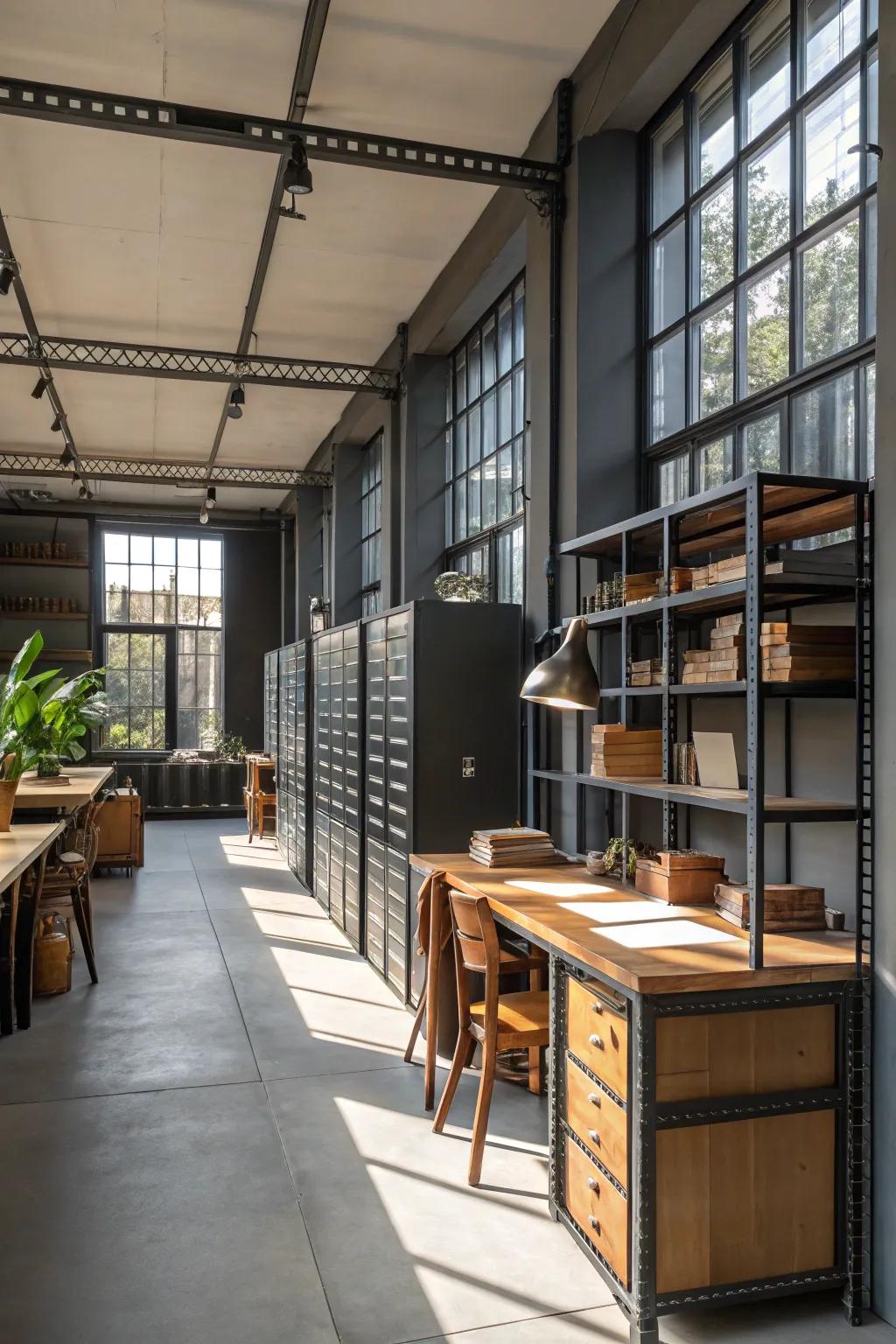 Industrial elements give your home office a bold and unique charm.