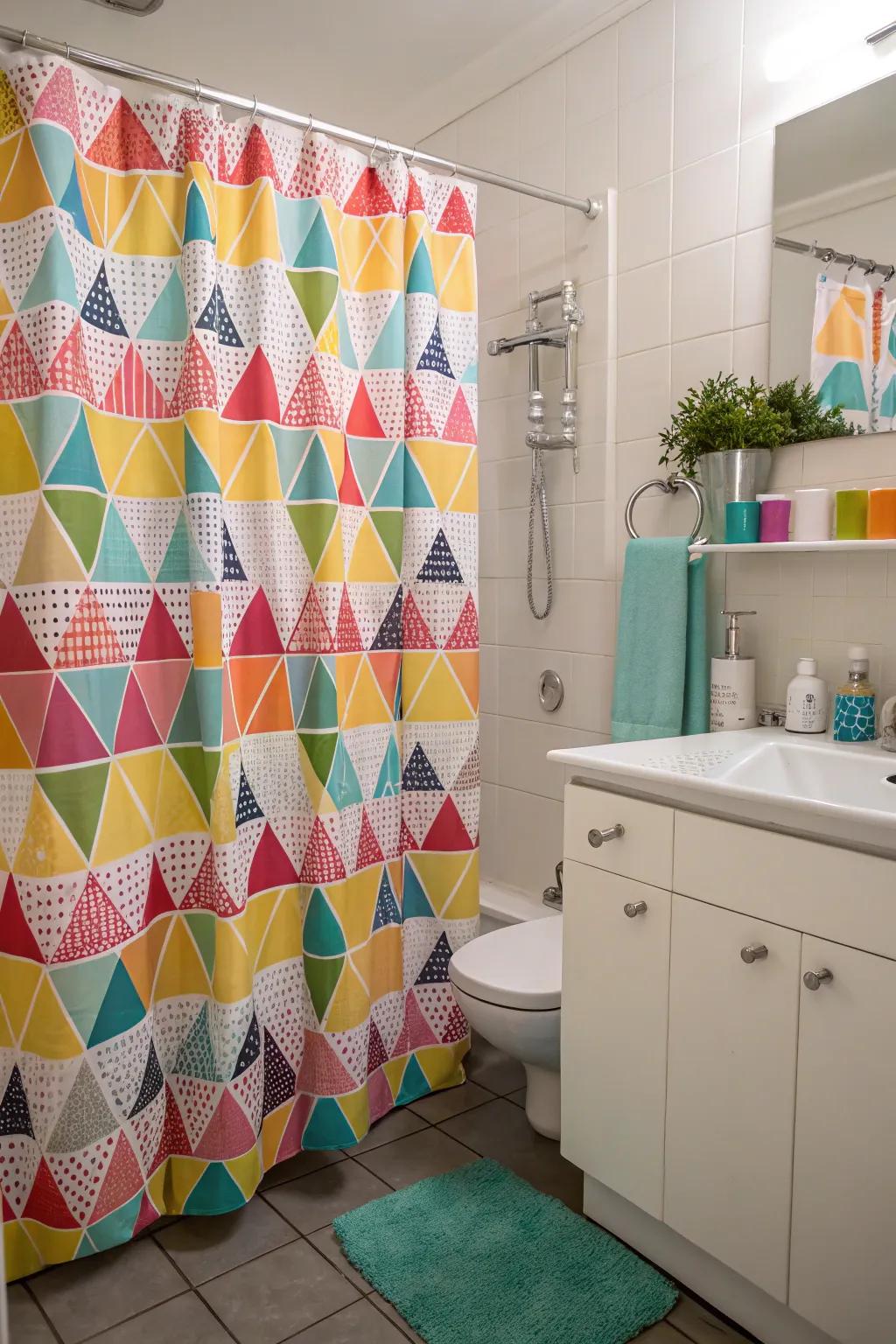 A colorful shower curtain brightens the space.