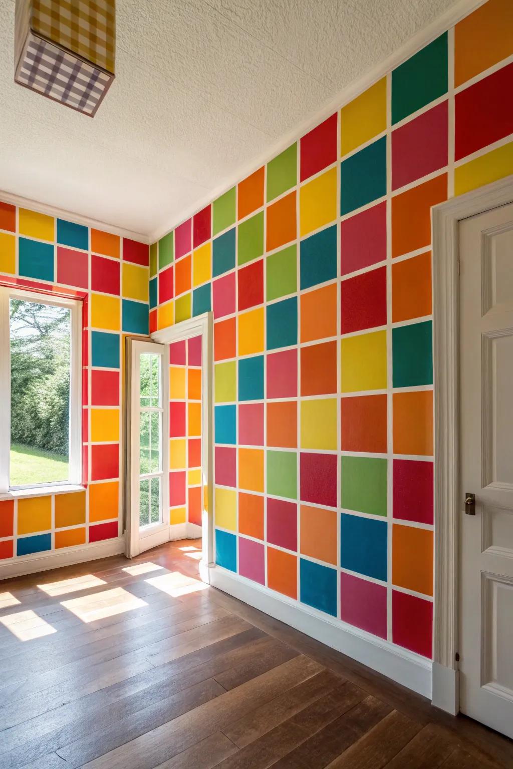 A colorful room featuring mid-century wallpaper with vibrant color blocks.