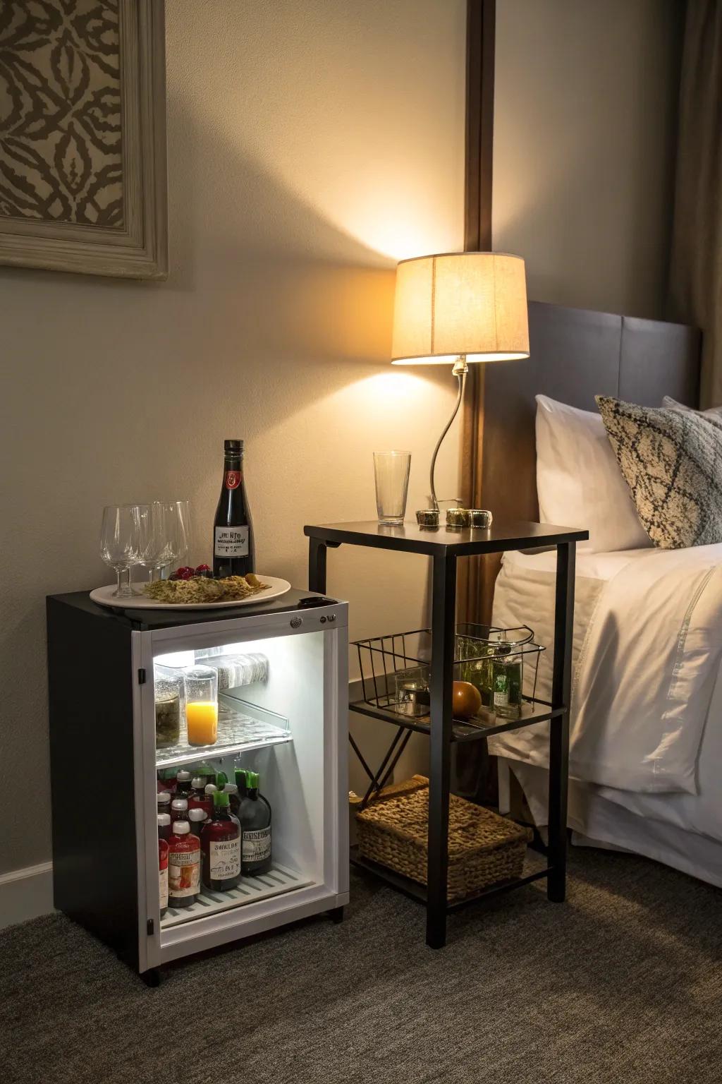 A miniature refrigerator as the focal point of a nighttime drink station within a bedroom.