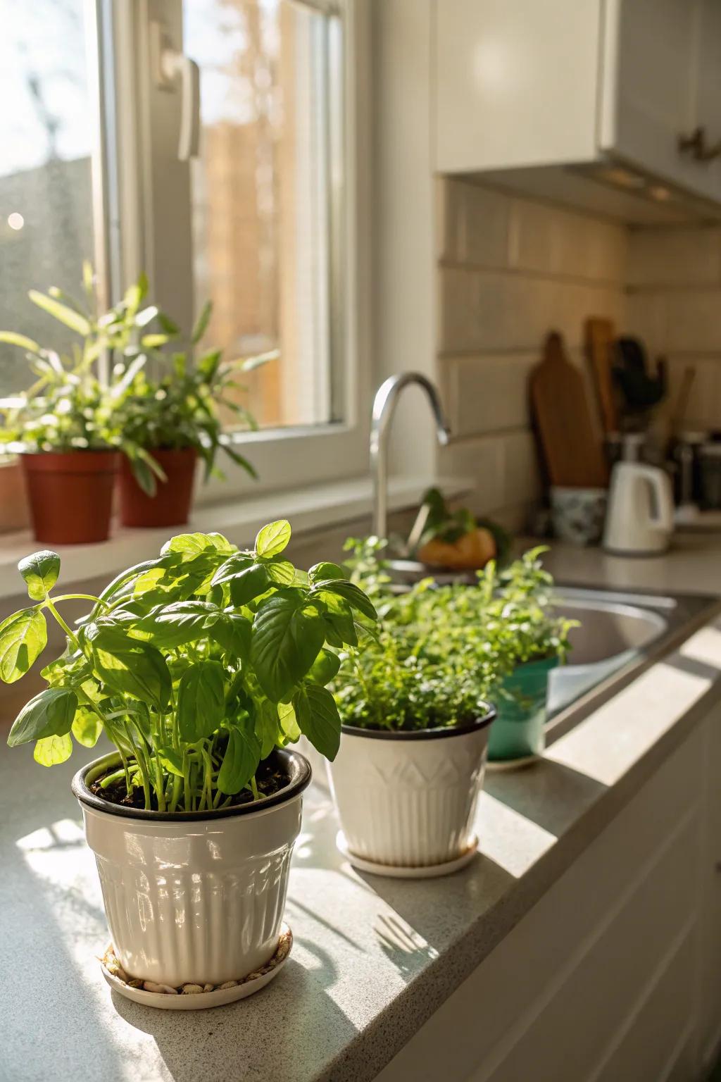 A functional and aromatic micro herb garden in the cooking area.