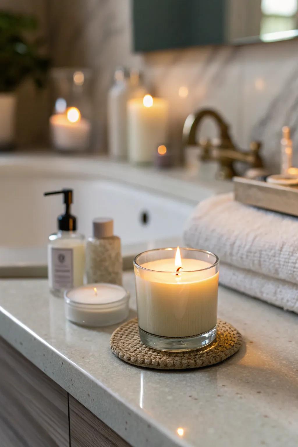 A scented candle provides both ambiance and fragrance.