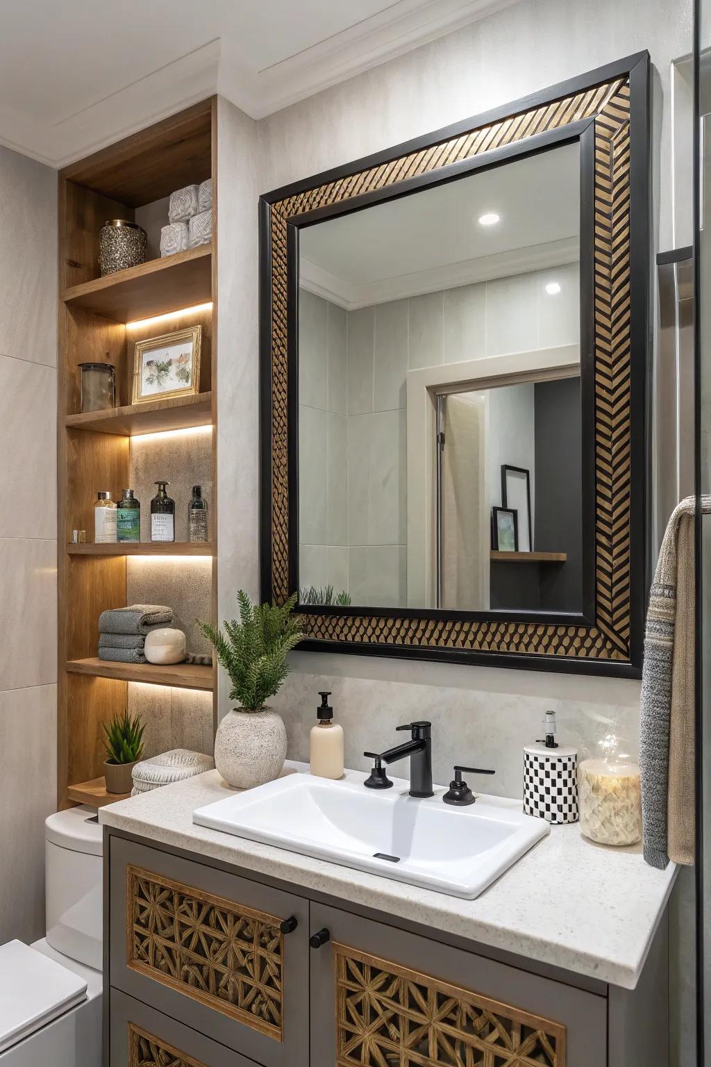 A mirror with built-in shelves adds functionality to a modern bathroom.