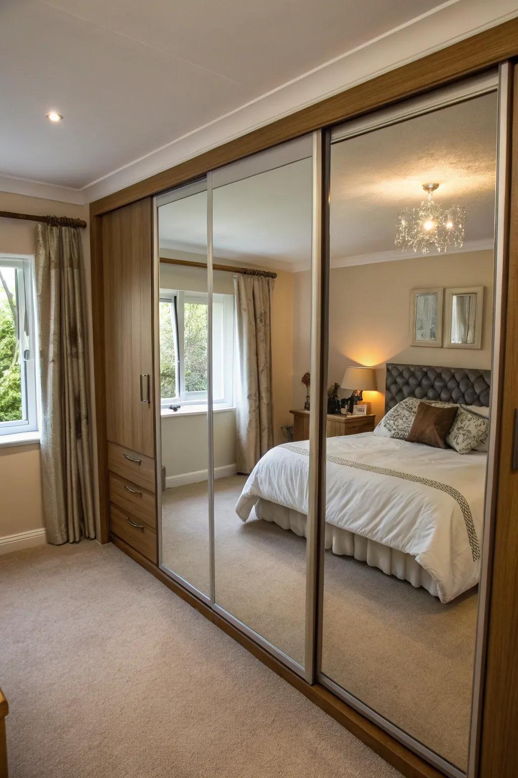 Sliding mirror panels enhance room size and light reflection effectively.