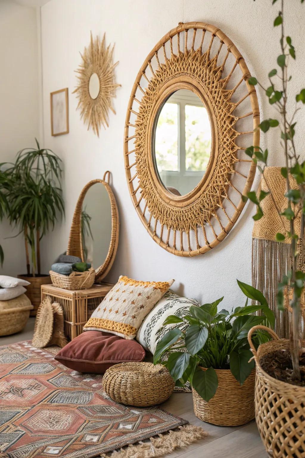 Wicker mirrors add a natural, textured element to spaces.