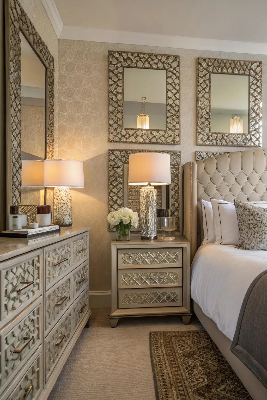 Mirrors with textural features elevate the bedroom&rsquo;s tactile and visual characteristics.