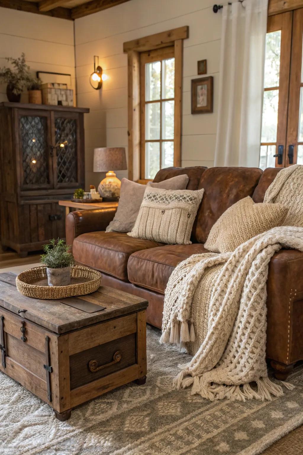 Rustic features establish a warm, welcoming retreat around the chocolate-brown sofa.