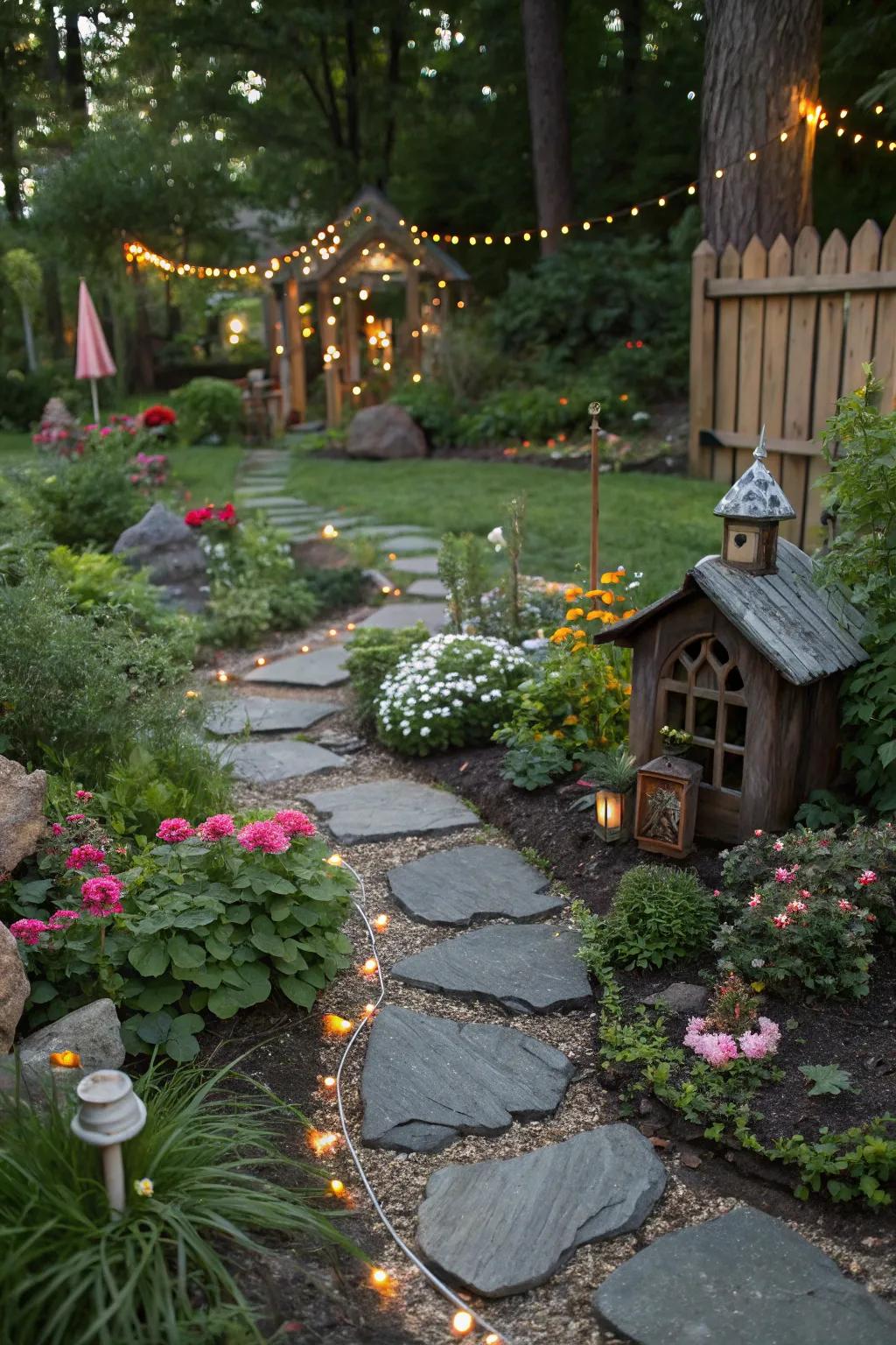 Fantasy abounds in a miniature garden with dark stone paths.