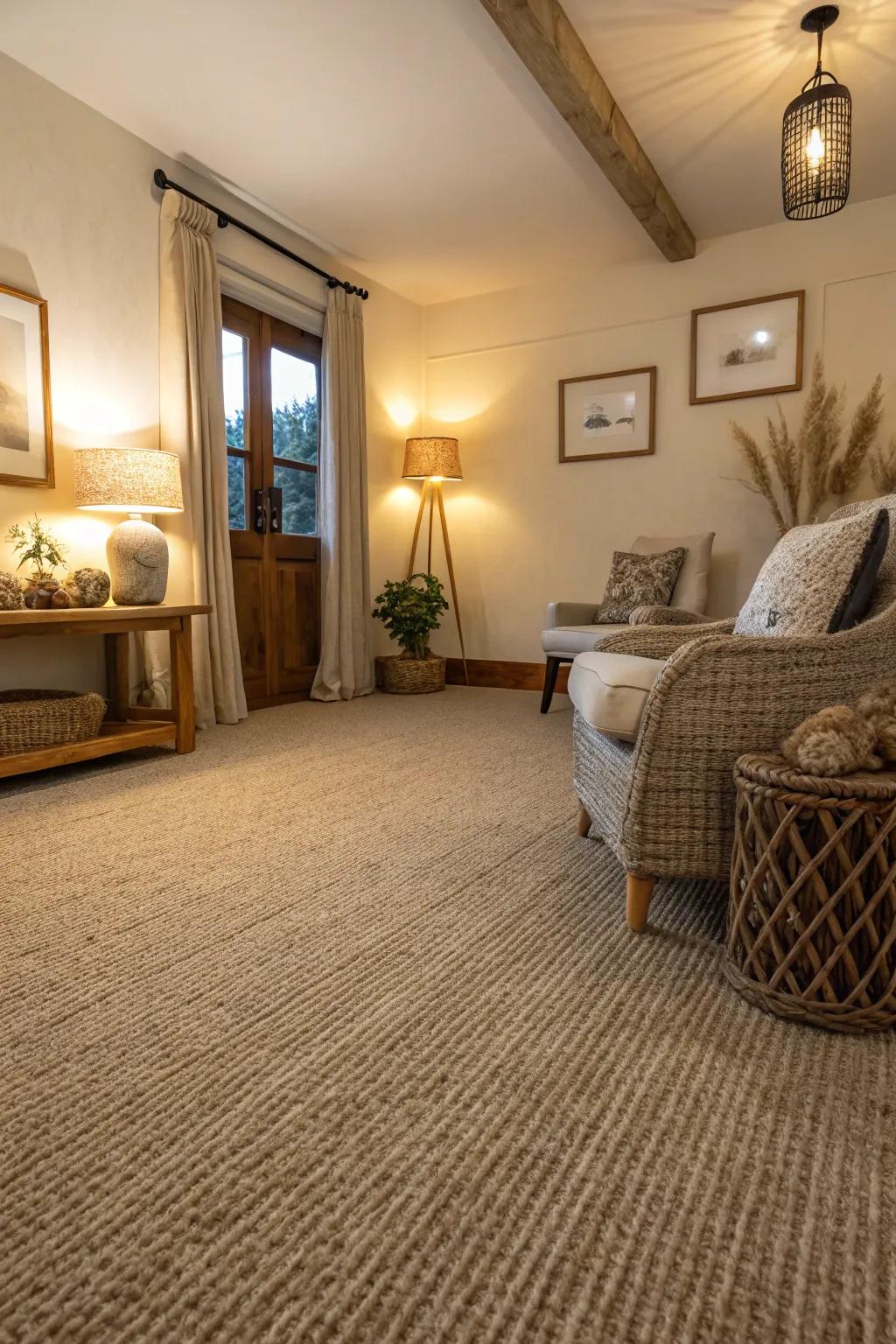Cozy room featuring an earthy neutral-toned carpet for a grounded feel.