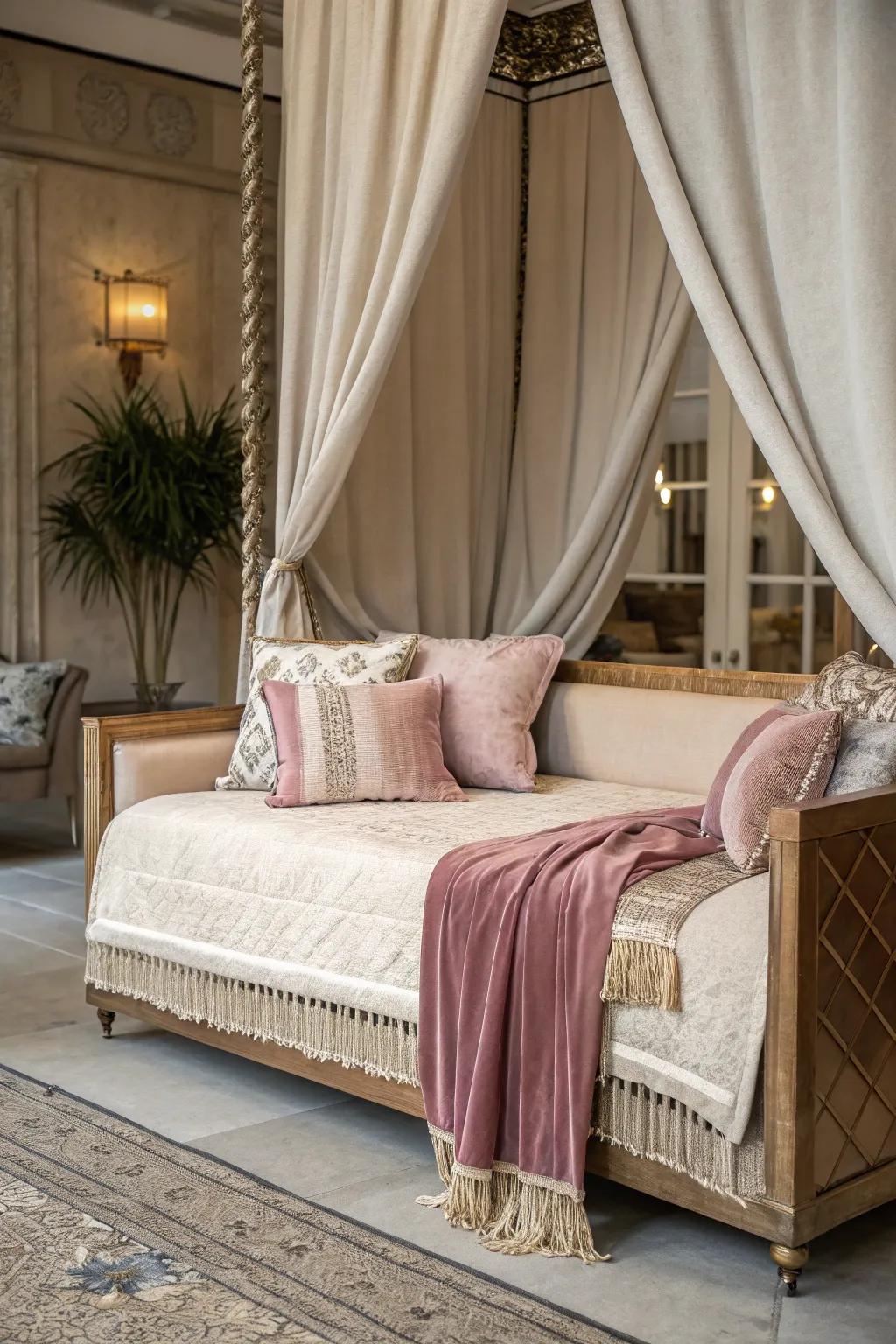 Blending materials such as velvet and linen introduces a luxurious accent to a daybed.