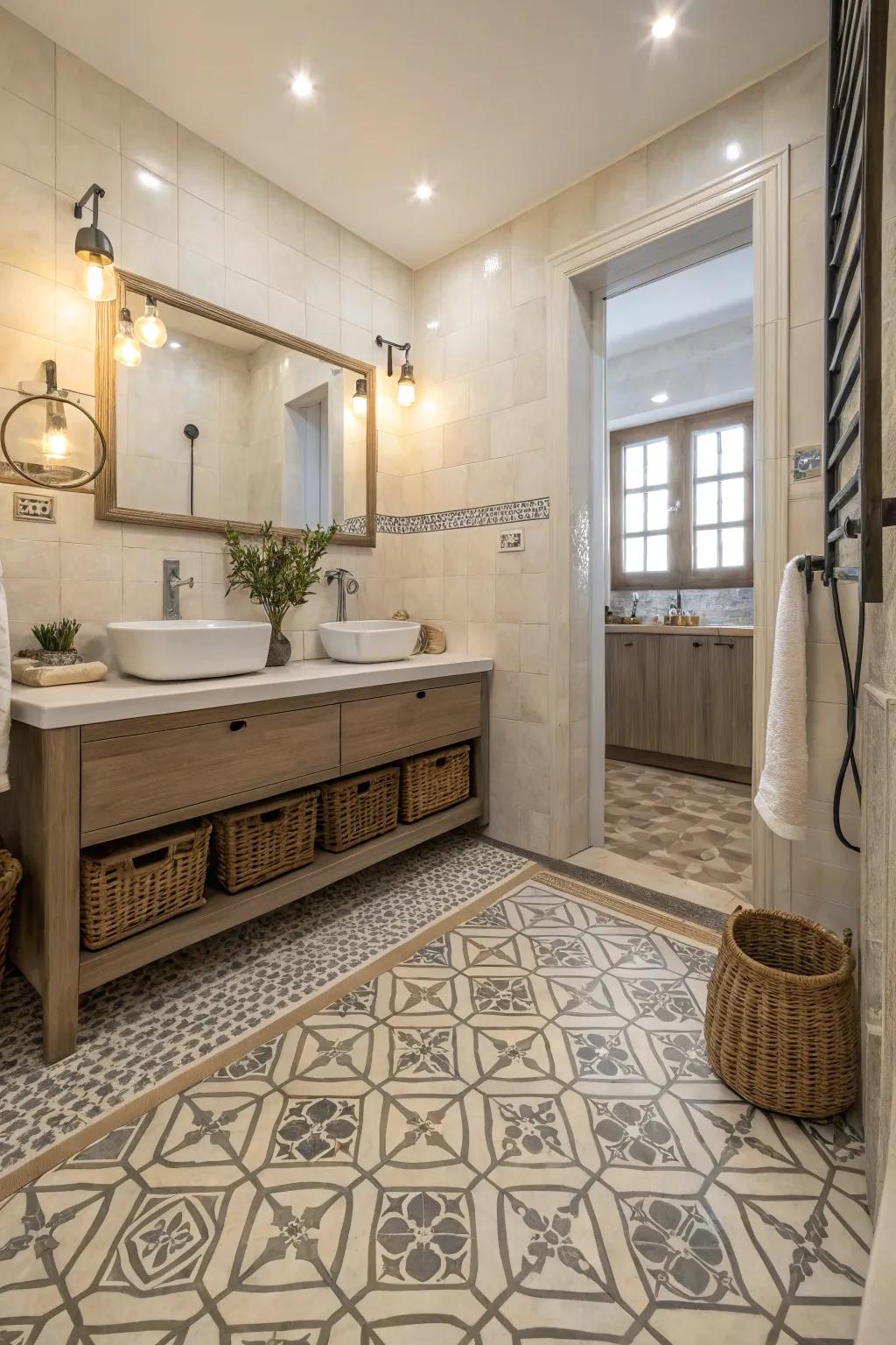 Patterned tiles create visual appeal in this stylish bathroom.