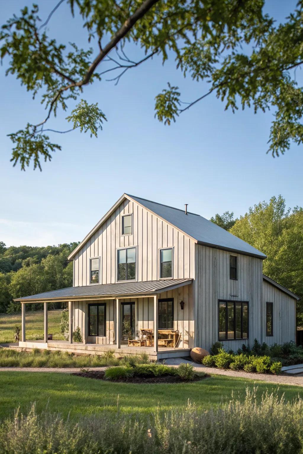 Vertical elegance: Paneling that elevates the farmhouse's stature.