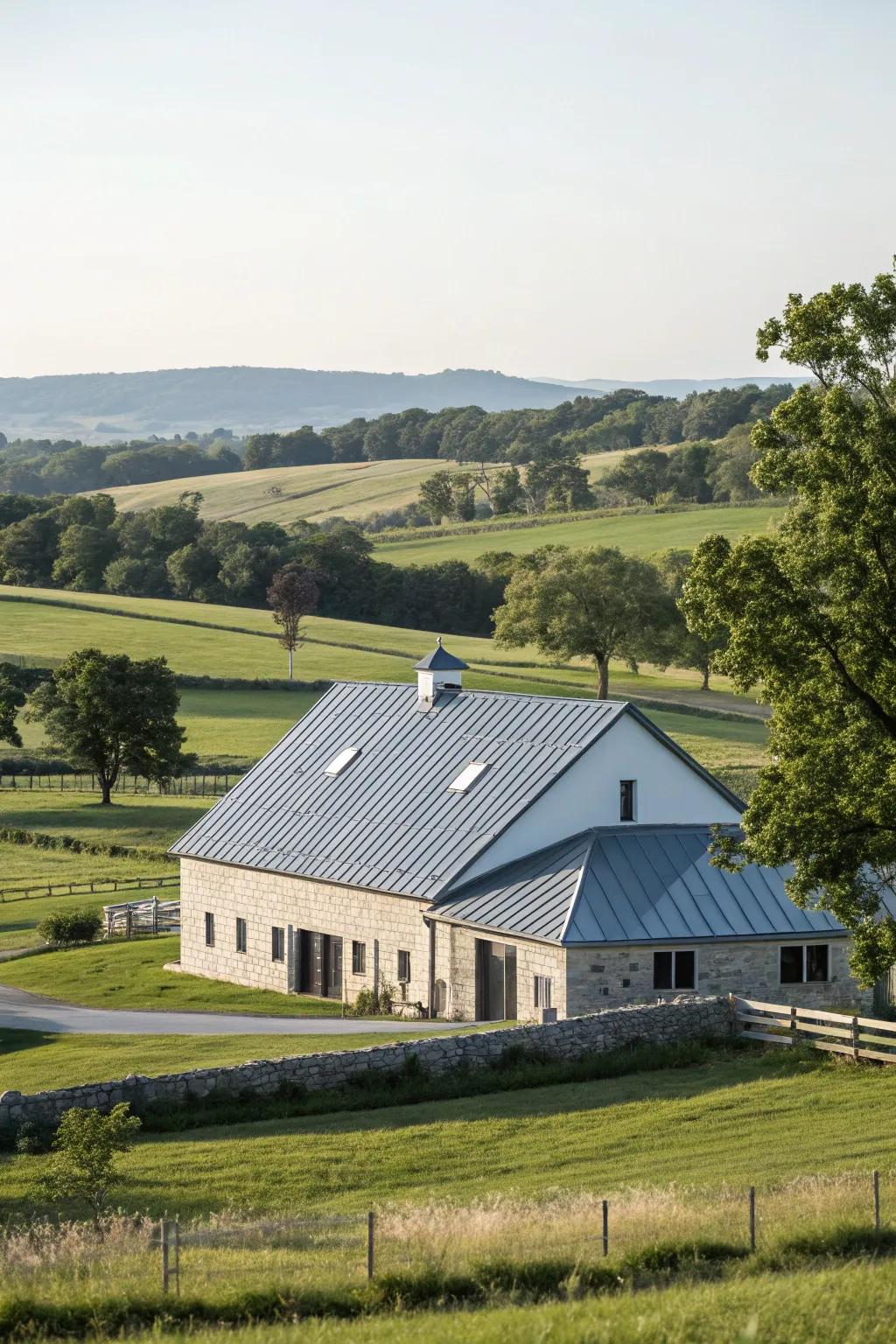 Understated elegance: A farmhouse featuring a minimalist metal roof.