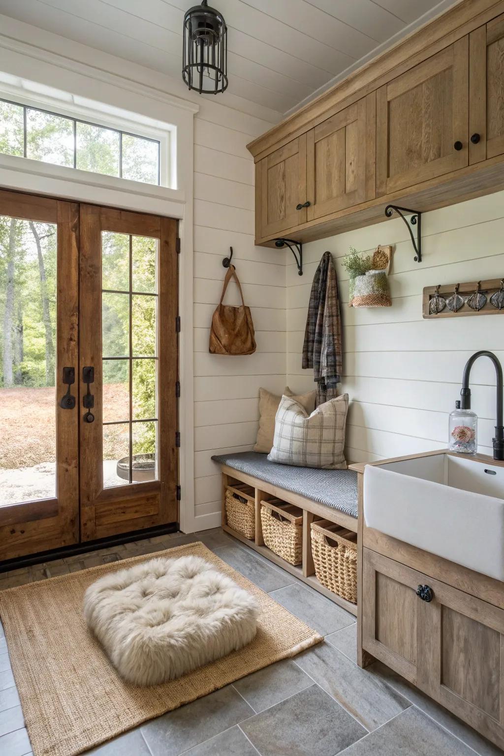 Pet-friendly mudroom with cozy bed and wash station.