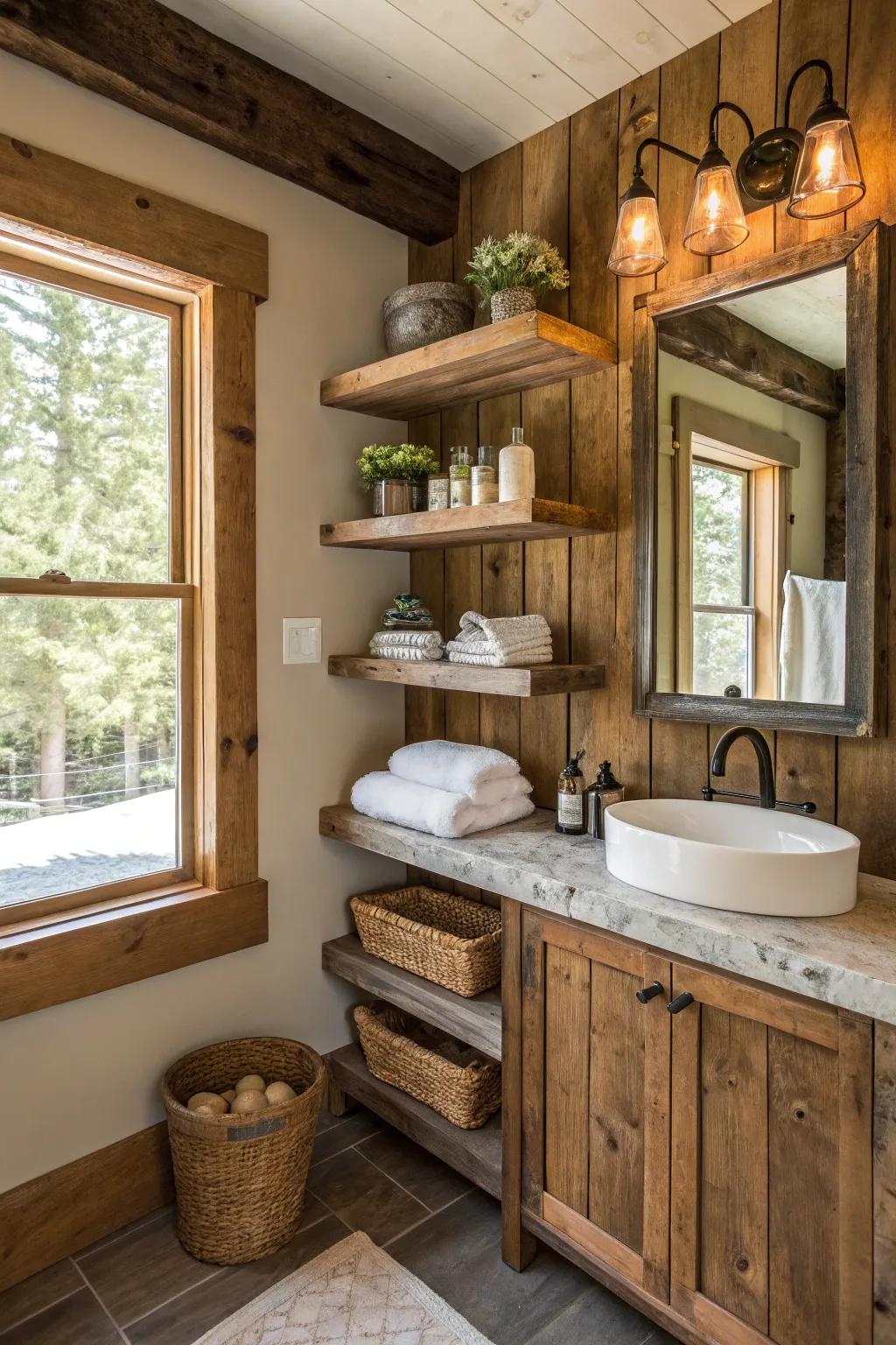Open shelving made from recycled wood in a powder room.