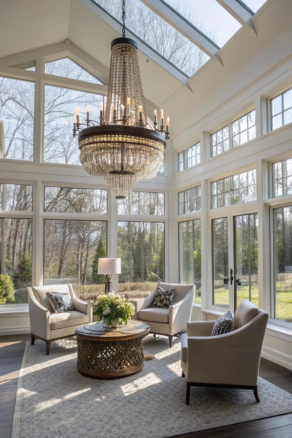 Eye-catching illumination introduces an element of refinement to this sunroom.