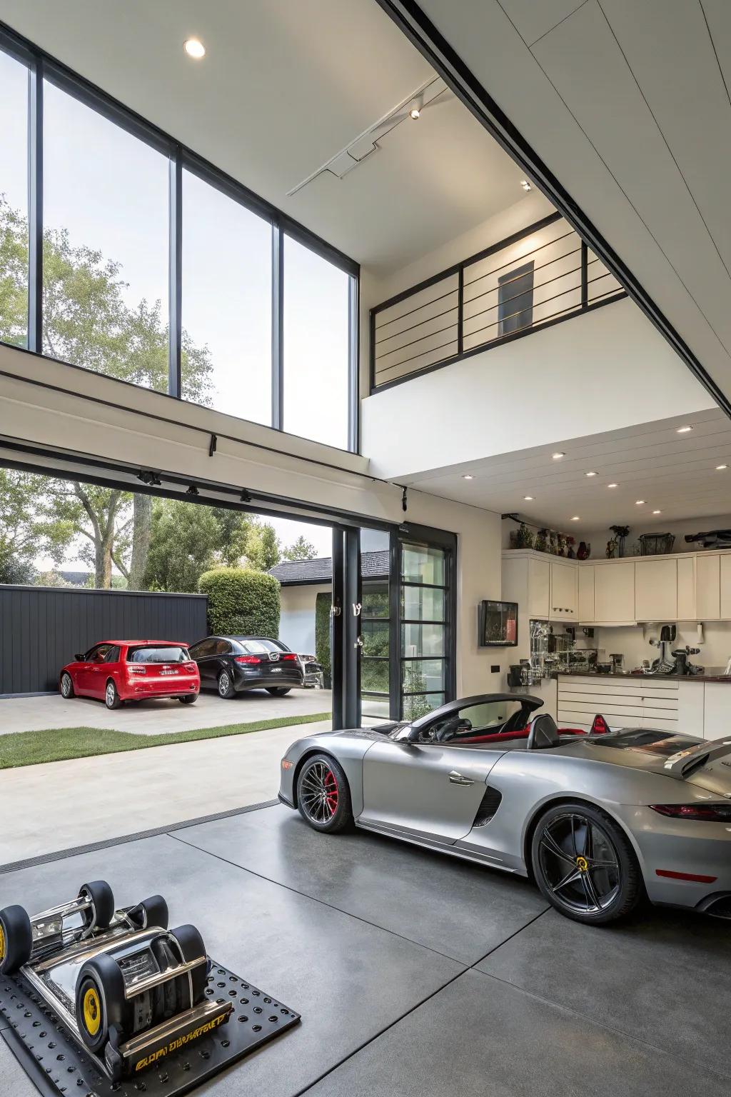 Design a multi-purpose garage with adaptable areas.