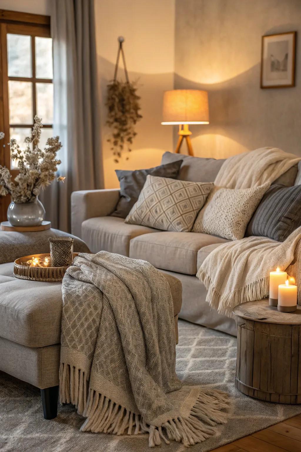 Comfortable fabrics enhance the warmth and coziness of the living room.