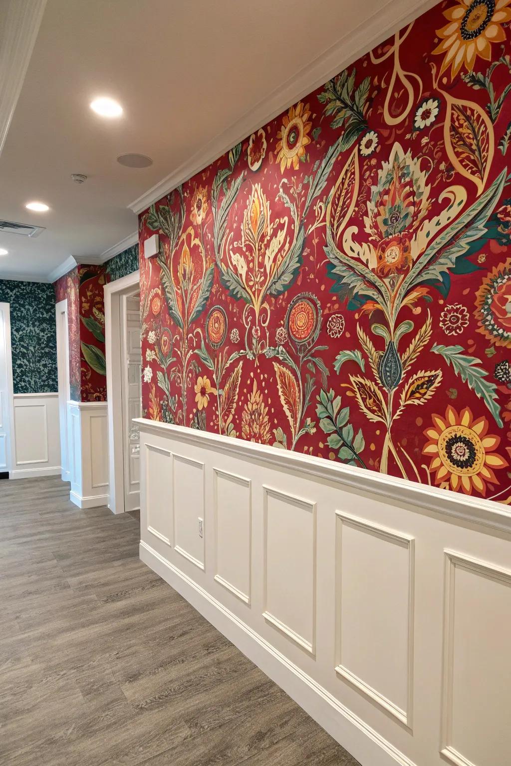 Daring surface covering across a half wall introduces drama and flair.