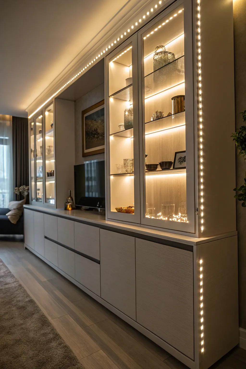 Creative lighting enhances and accentuates the display cabinet's decor.