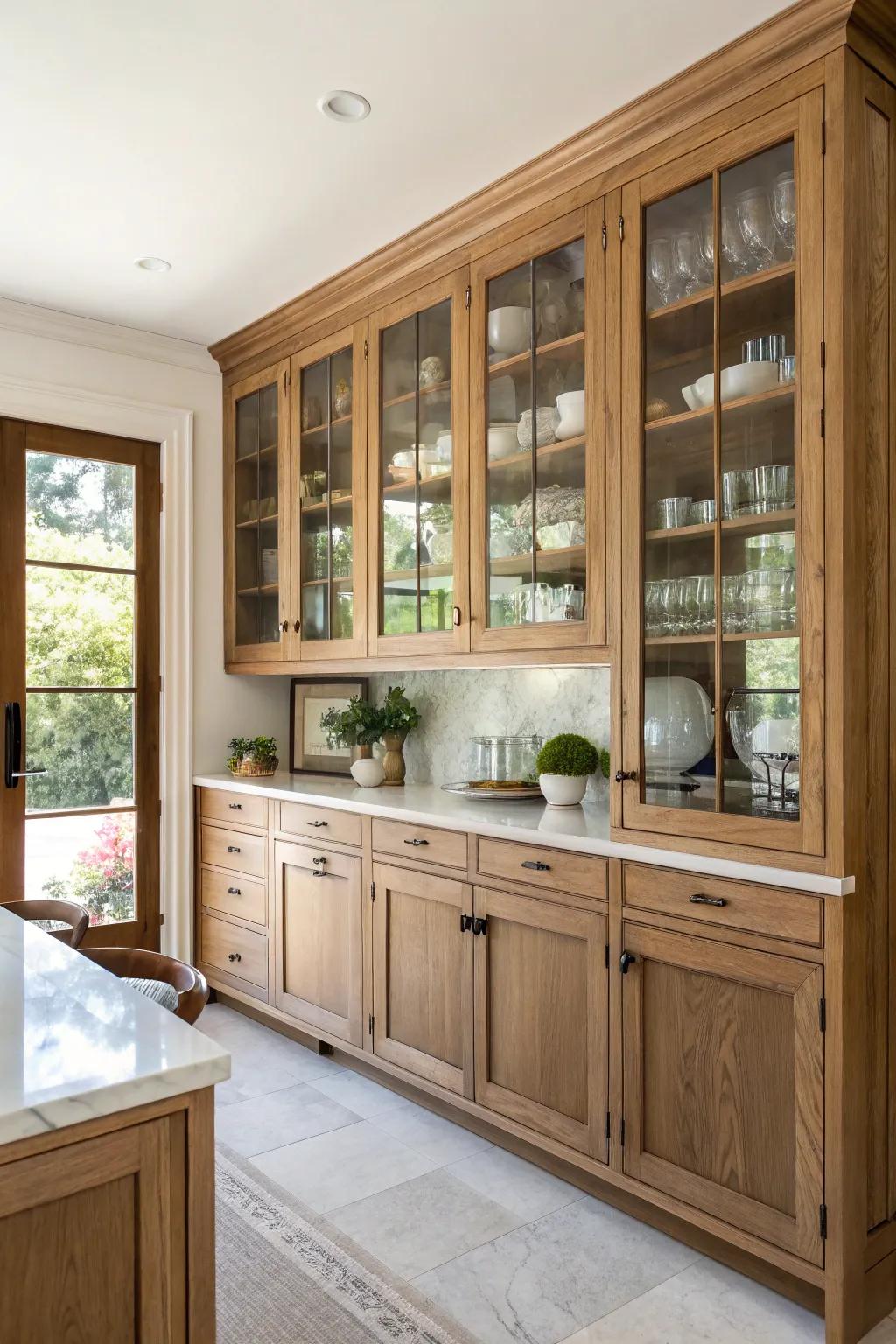 Clear panels add a contemporary feel and openness to kitchens with oak cabinets.