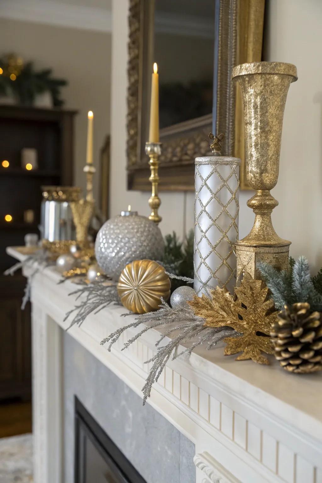 Mixing metals adding a luxurious shine to your mantel.