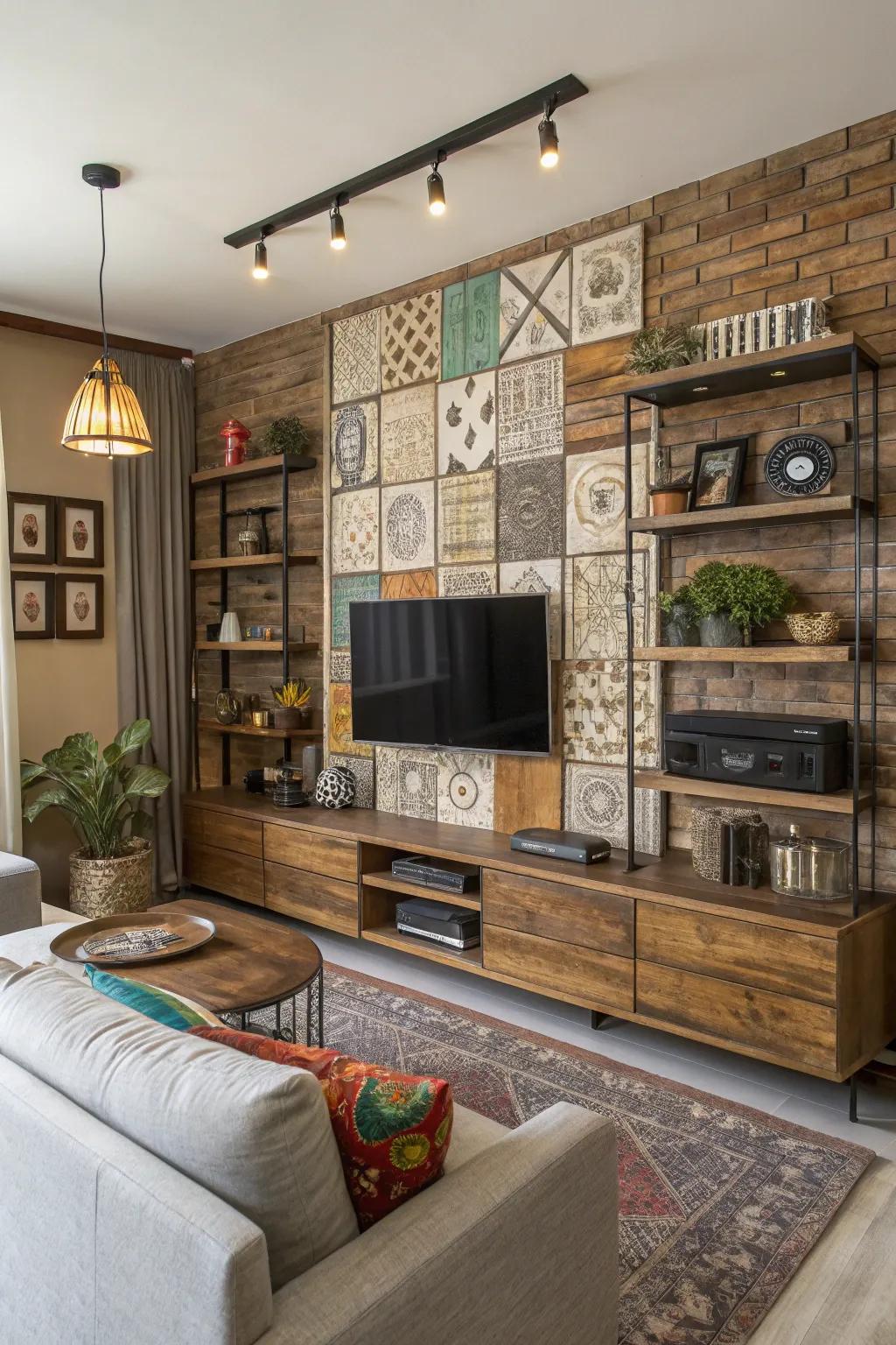 An eclectic mix of materials producing a vibrant and dynamic media wall.