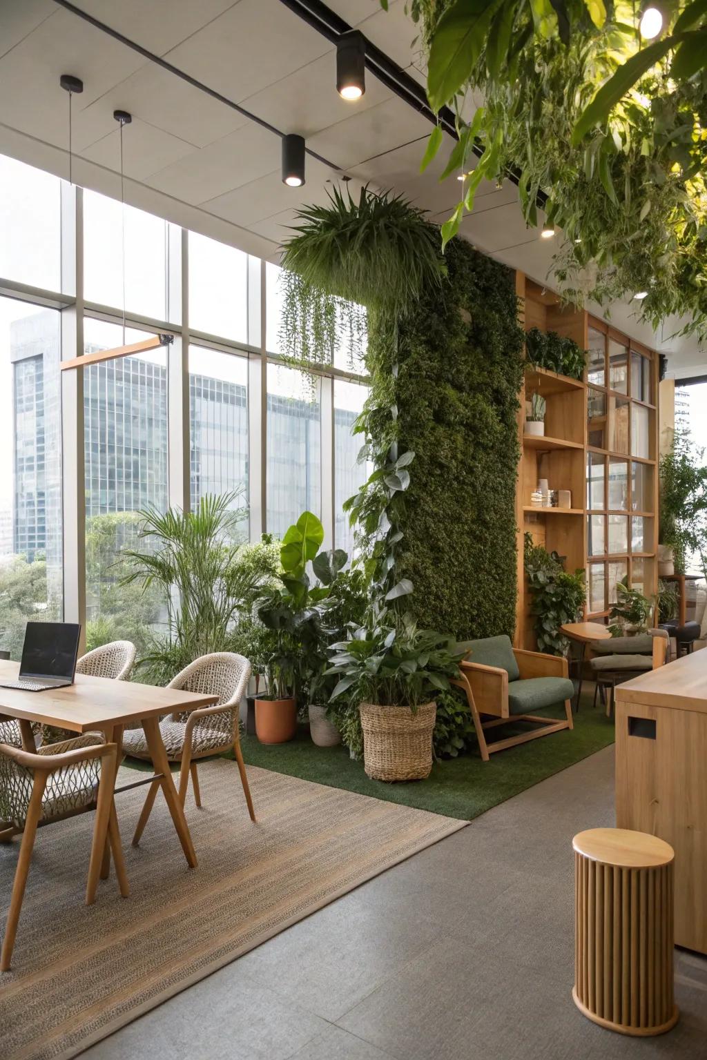 An office incorporating biophilic design elements such as natural materials and greenery.