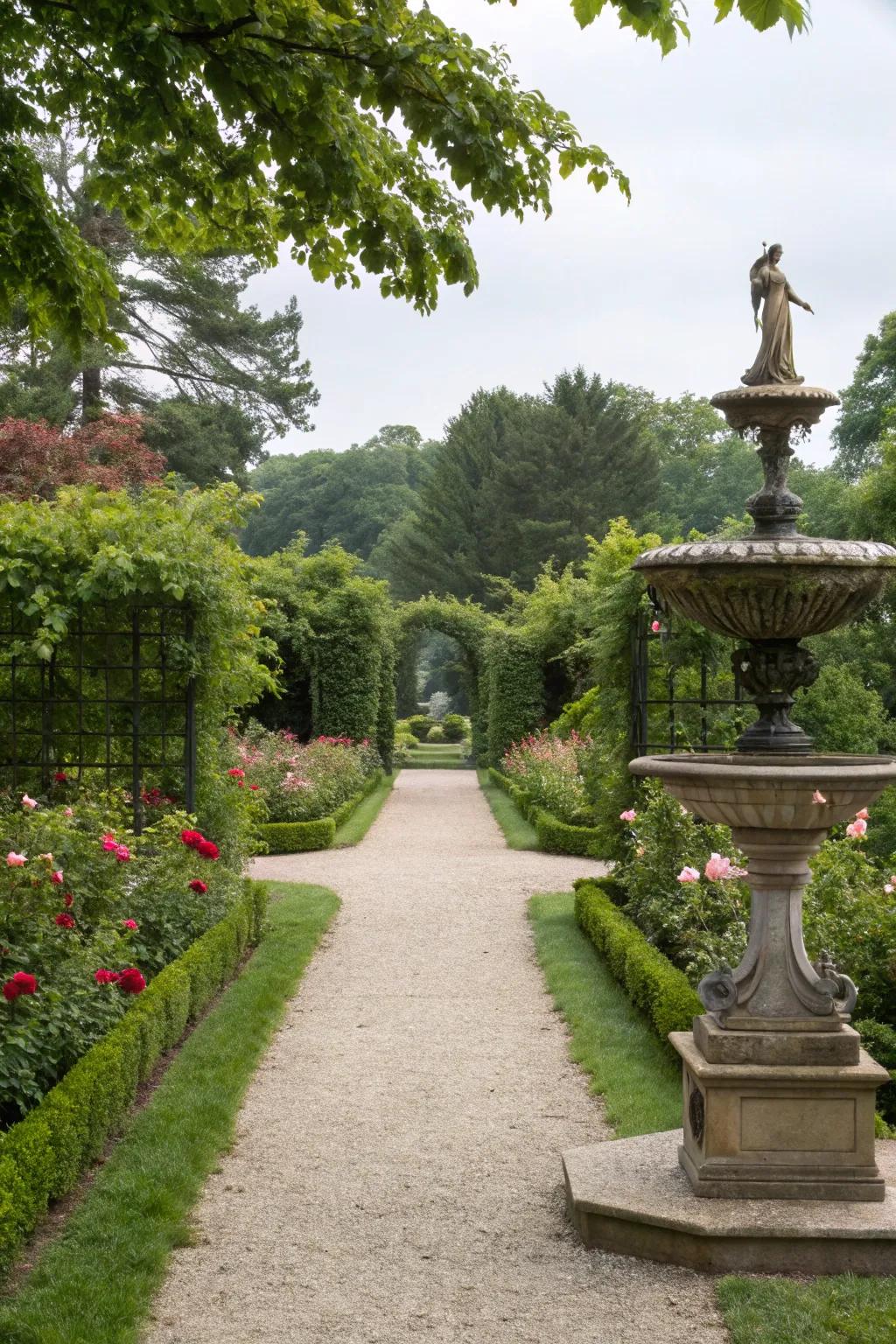 A garden path leading to a prominent visual centerpiece, adding purpose and interest.