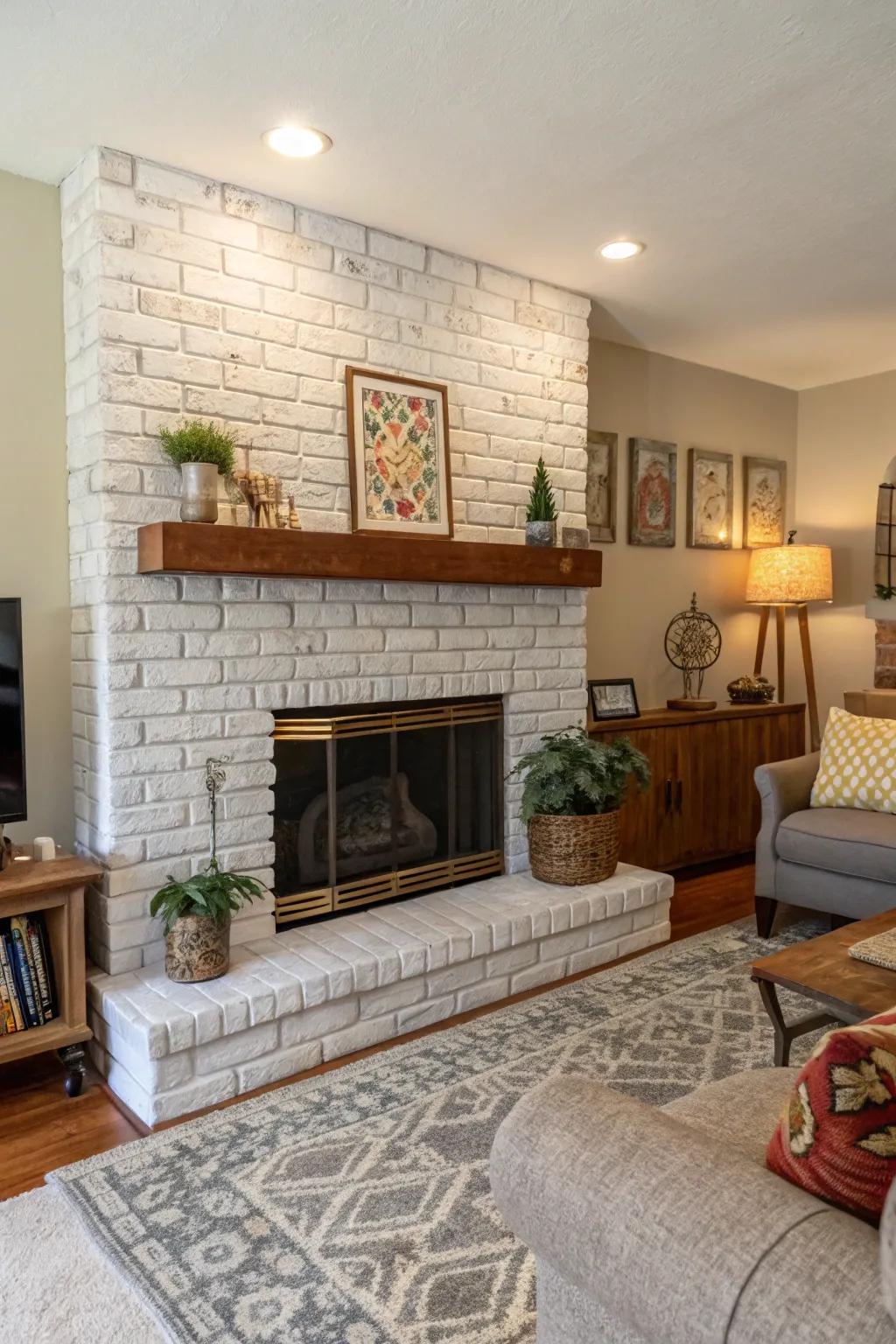 Contrasting surfaces on a painted brick fireplace adding depth.
